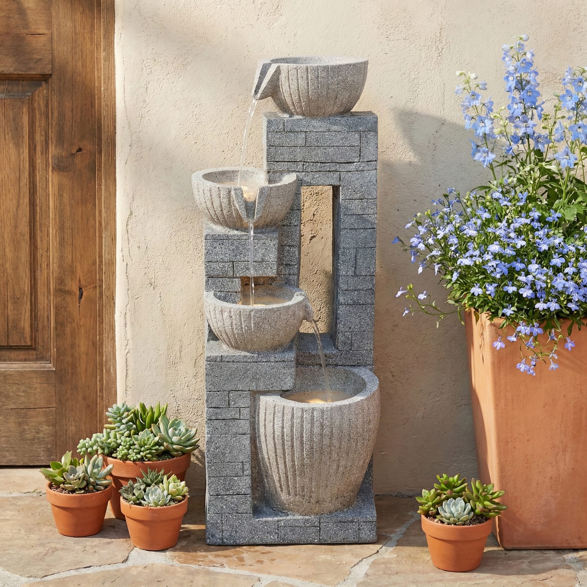 STILVORA Gartenbrunnen Schichtstein-Becken mit LED-Brunnen für Garten Terrasse Balkon Rasen, 31,5 cm Breite, gräuliche Farbe mit realistischer Steintextur