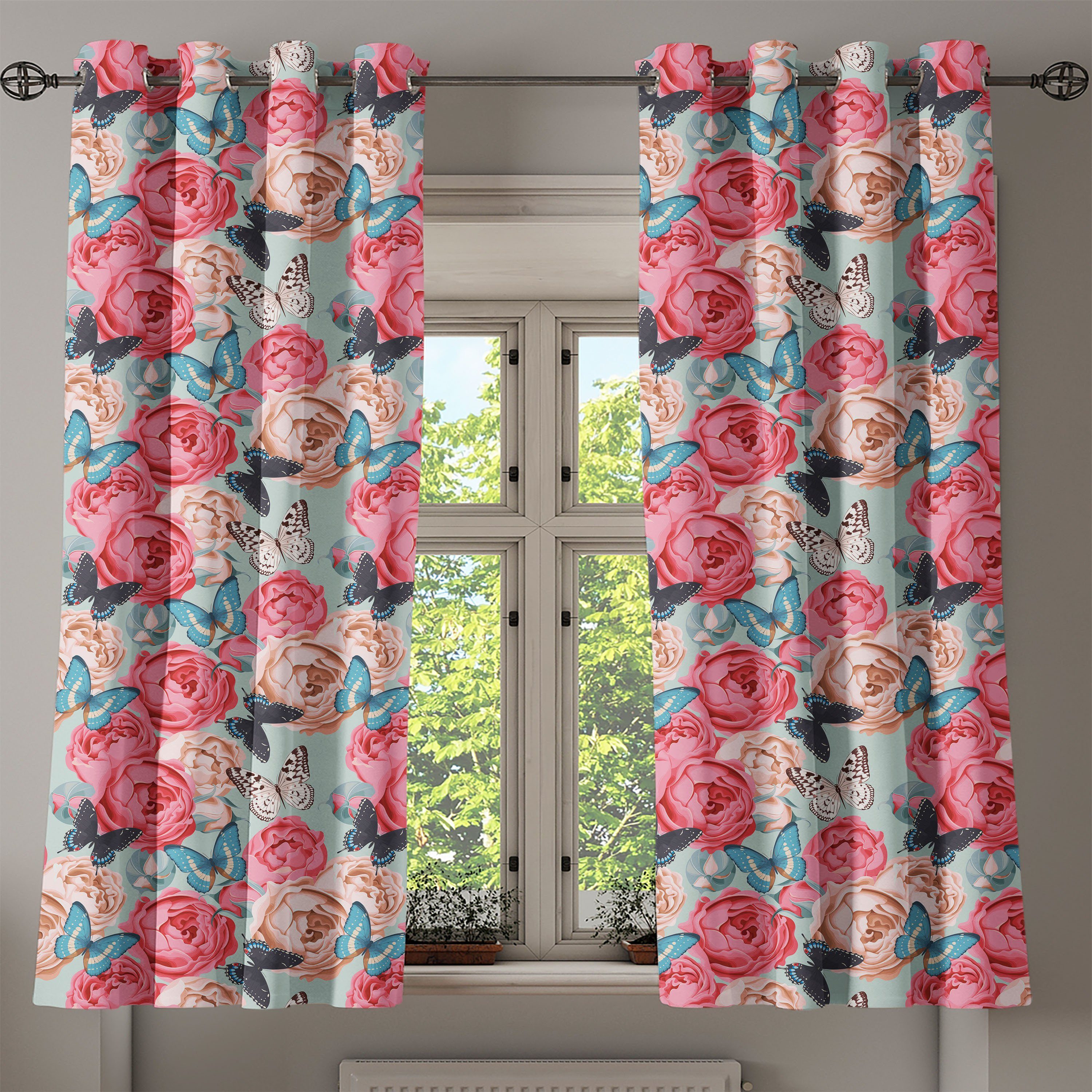 Peony Gardine Abakuhaus, Wohnzimmer, für 2-Panel-Fenstervorhänge Schlafzimmer Dekorative Bunt Schmetterlinge Rose