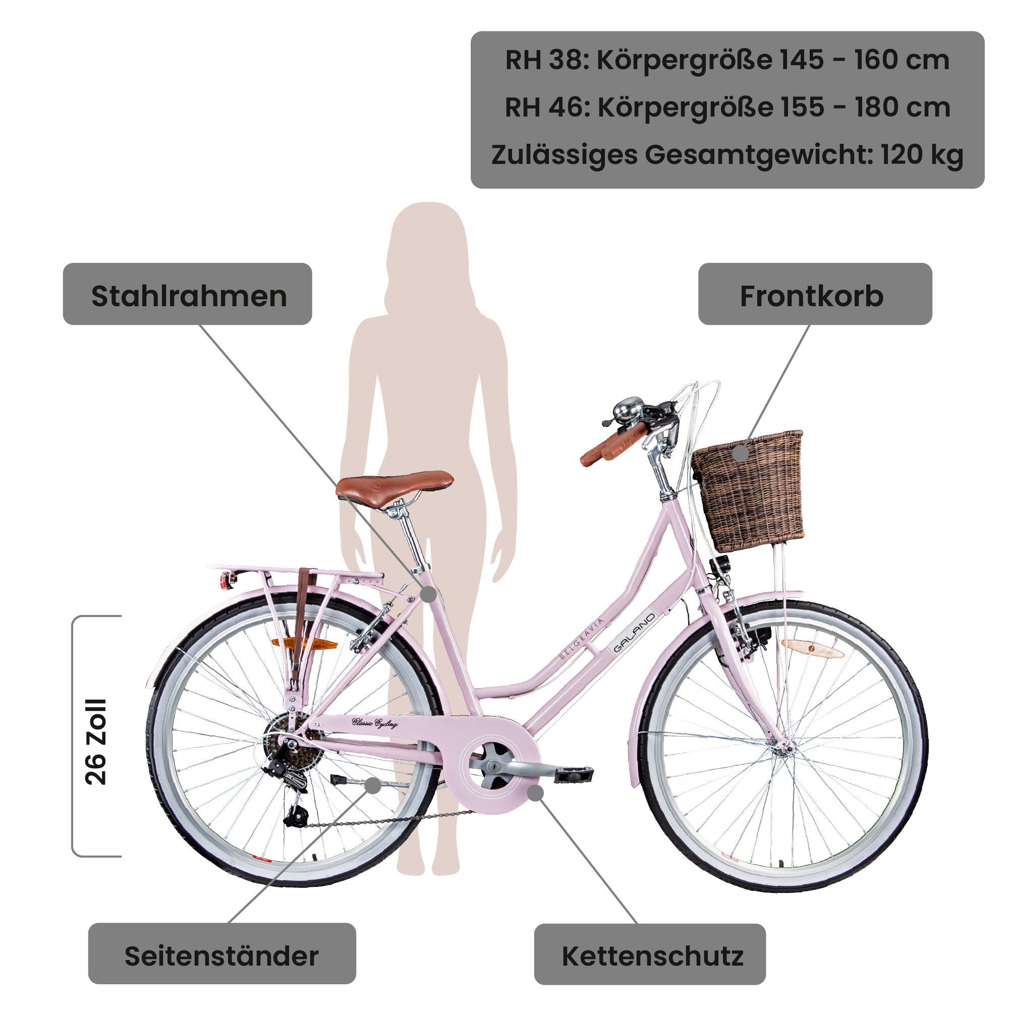 Galano Cityrad Belgravia, 6 Gang, Kettenschaltung, 26 Zoll Damenfahrrad ab  145 cm retro Fahrrad mit tiefem Einstieg