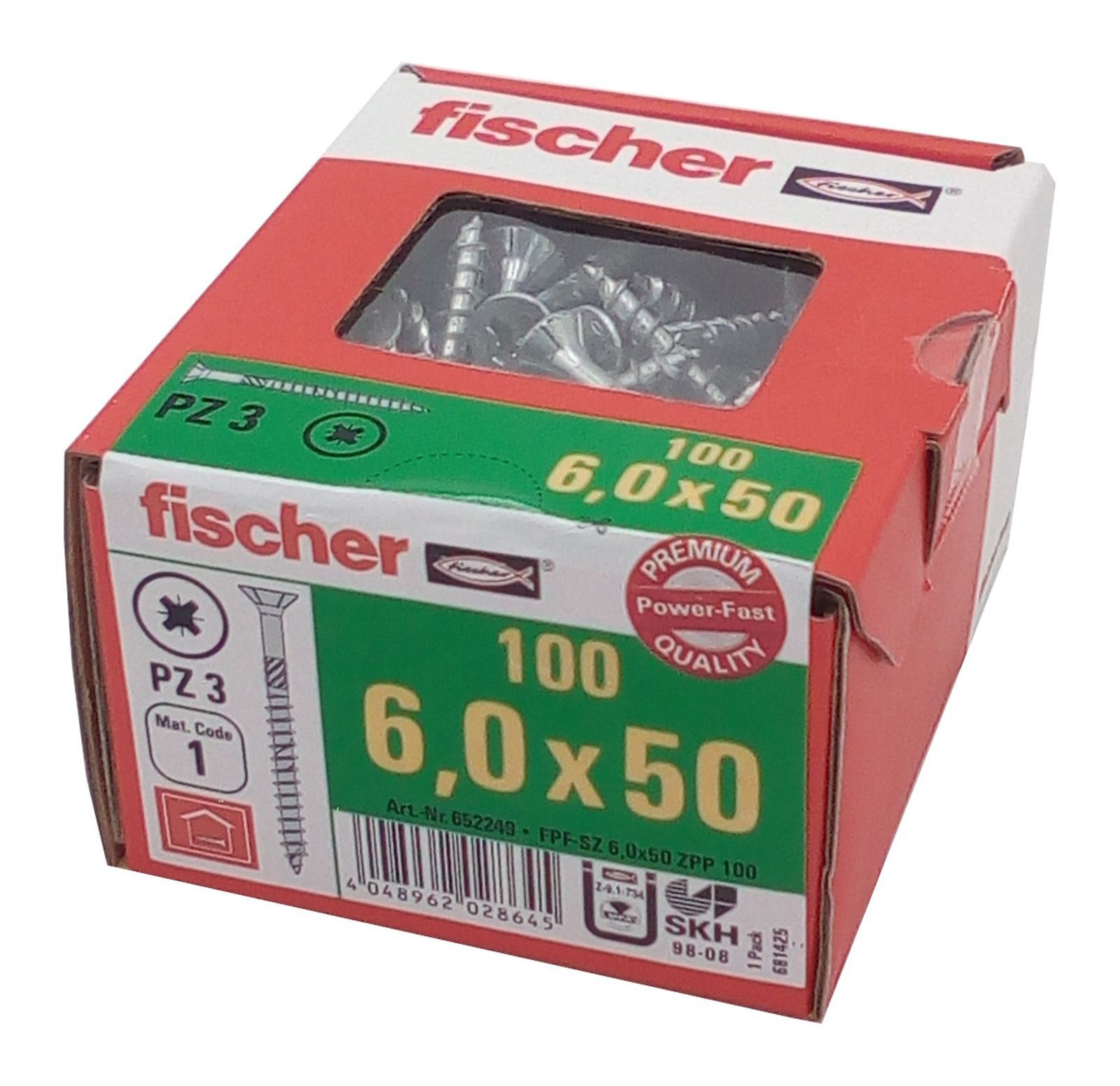 Fischer Befestigungstechnik Spanplattenschraube 100x fischer Holzbauschrauben 6,0x50mm PZ2 Holzschrauben verzinkt Teil, (100 St)