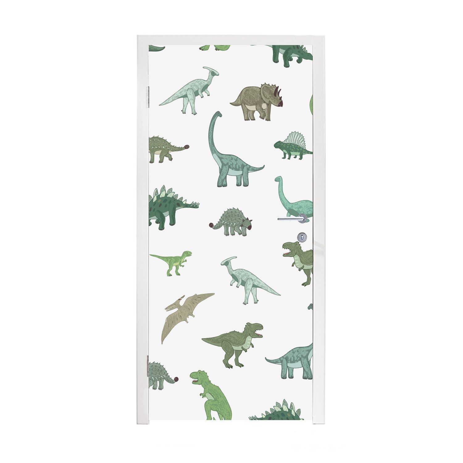 MuchoWow Türtapete Dinosaurier - Grün - Jungen - Braun - Kind - Muster, Matt, bedruckt, (1 St), Fototapete für Tür, Türaufkleber, 75x205 cm