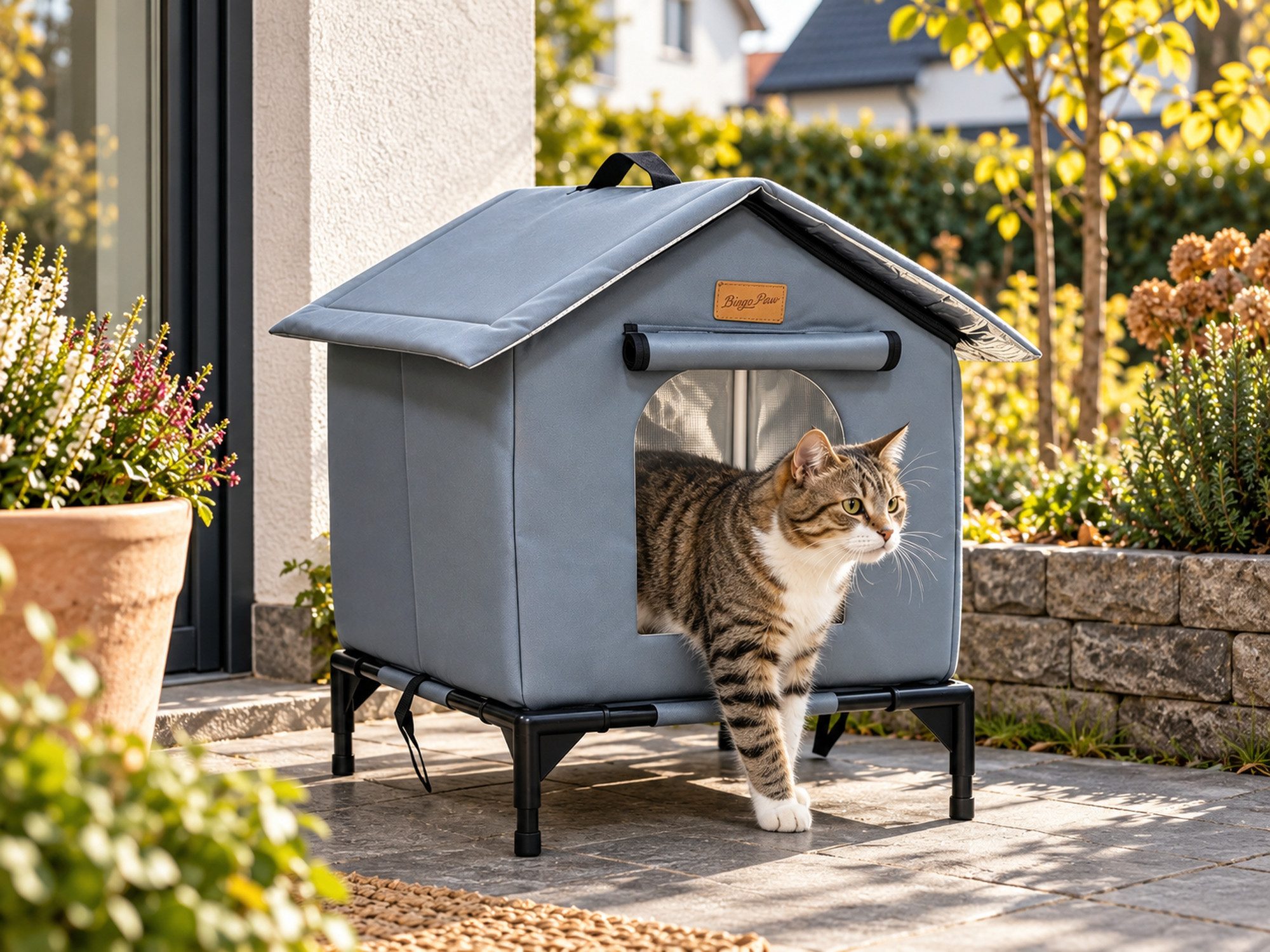 BingoPaw Tierhaus Isoliertes Outdoor-Katzenhaus mit erhöhtem Boden 45×42×55 cm, Katzenzelt,3-Lagen-Isolierung,faltbar,werkzeuglos,mit 2 Bodenankern