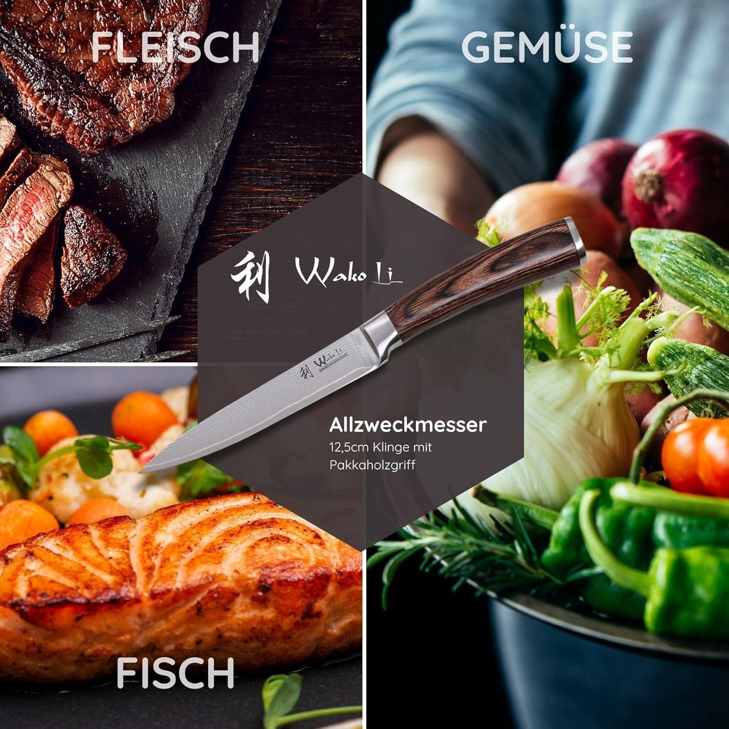 Wakoli Damastmesser EDIB Allzweckmesser Kochmesser 12,5 cm Klinge Pakkaholzgriff, Aus 67 Lagen Damaststahl, VG10 Kern, Pakkaholzgriff, inkl. Geschenkbox