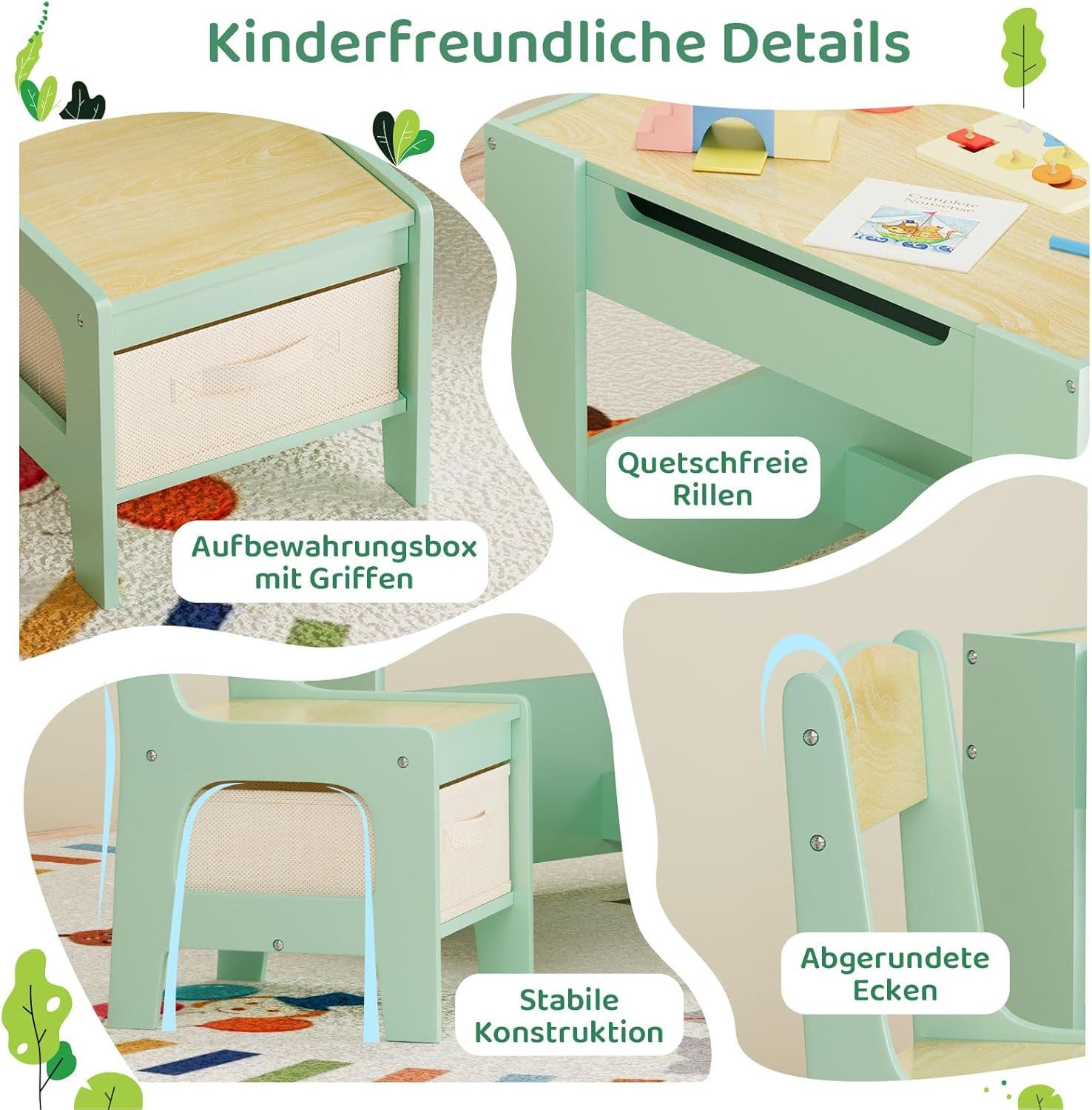 TLGREEN Kindersitzgruppe 3-in-1 Multifunktional mit Whiteboard & Kreidetafel, (Maltisch & Schreibtisch mit Großen Stauraum & Buchständer, Spieltisch für Lego Ki – Bild 5 von 5