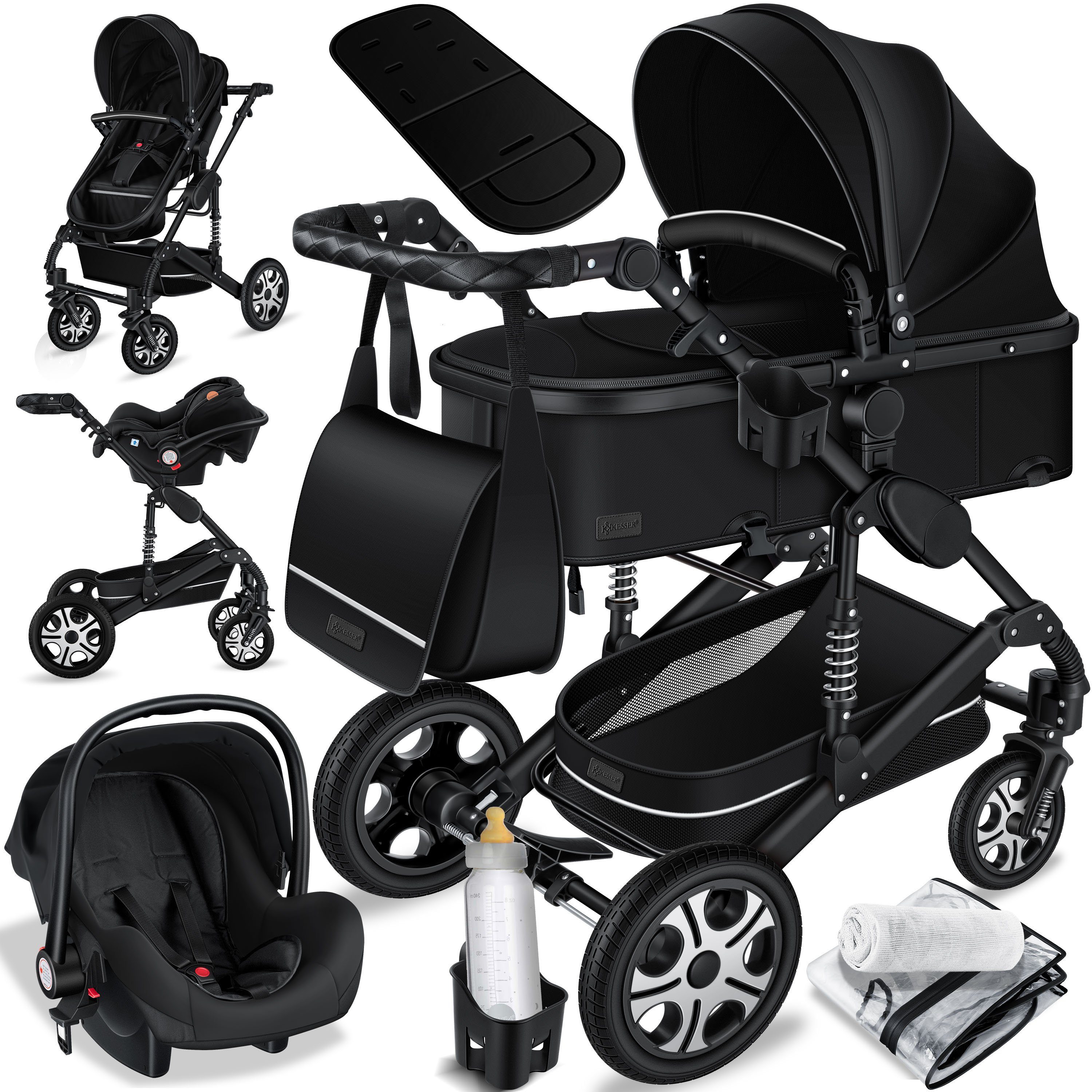 KESSER Kombi-Kinderwagen, Loops Kinderwagen Kombikinderwagen Komplettset schwarz / schwarz