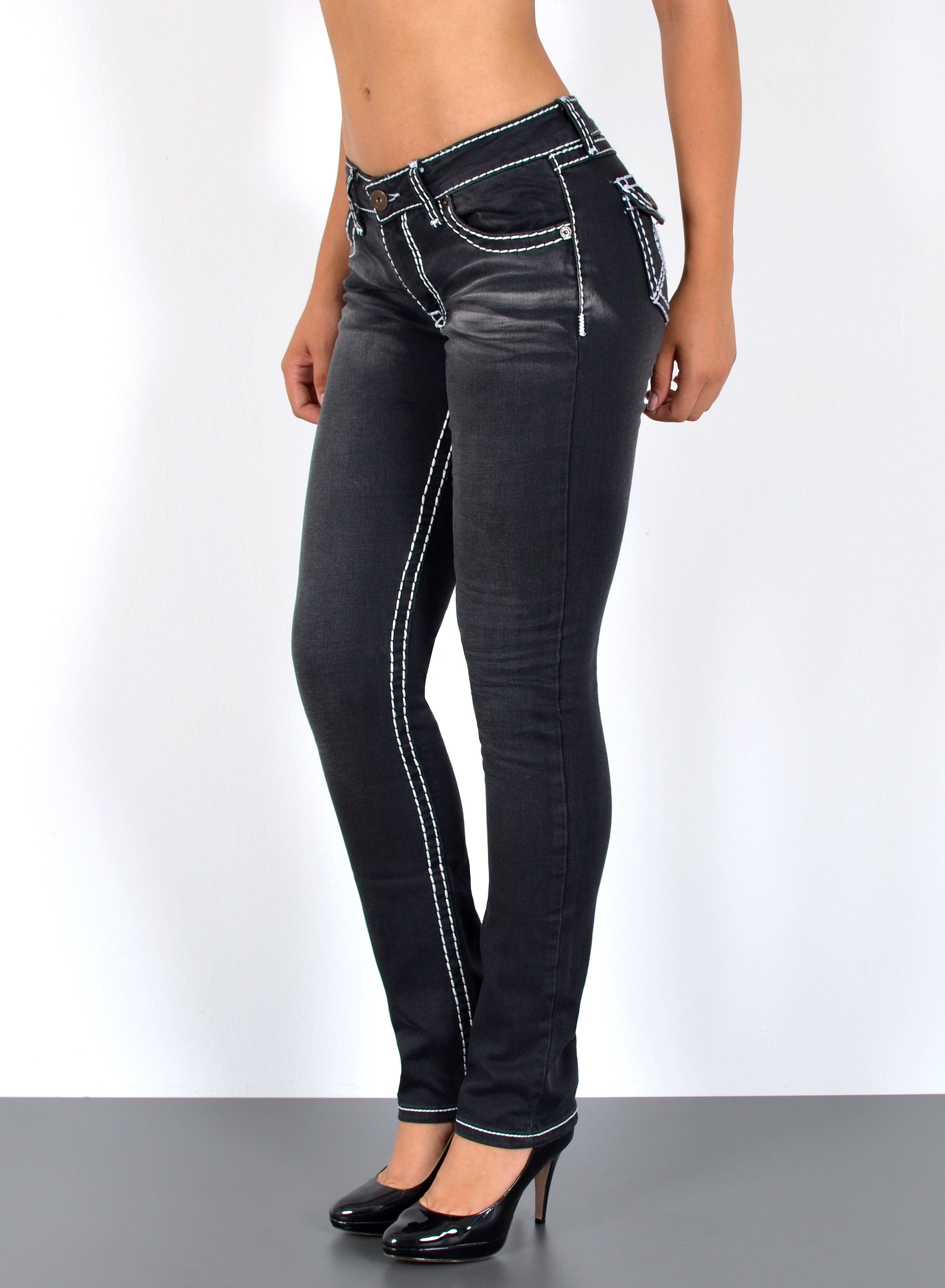 ESRA Straight-Jeans Straight Jeans Damen Jeans Hose weiße Naht Kontrastnaht bis Übergröße High Waist Jeans Damen Hose Stretch mit dicker Naht bis Plus Size