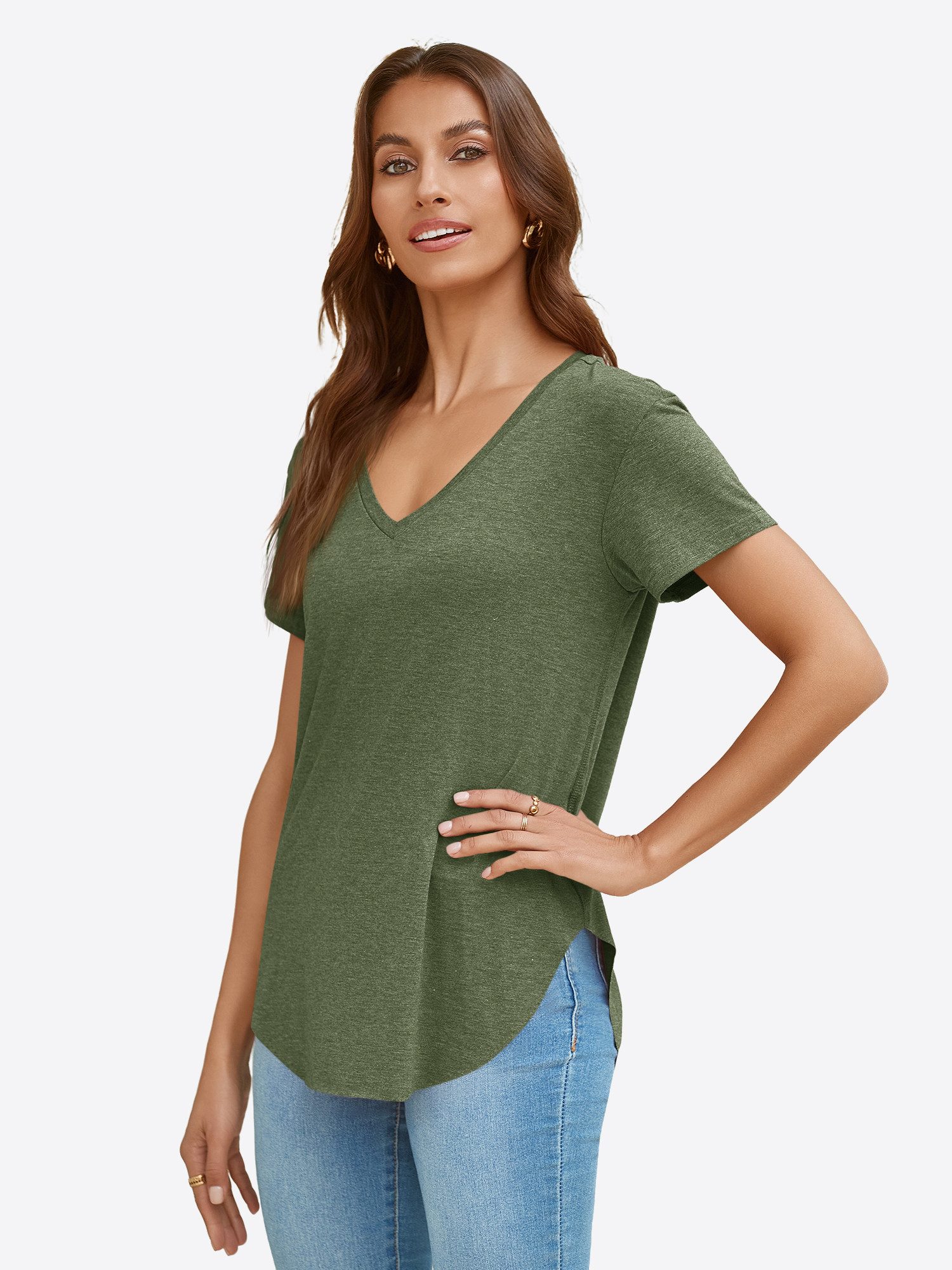 Imily Bela T-Shirt Damen V-Ausschnitt mit verlängertem, gerundetem Saum (Packung, 1-tlg., 1per-Pack) in Unifarbe – Bild 4 von 5