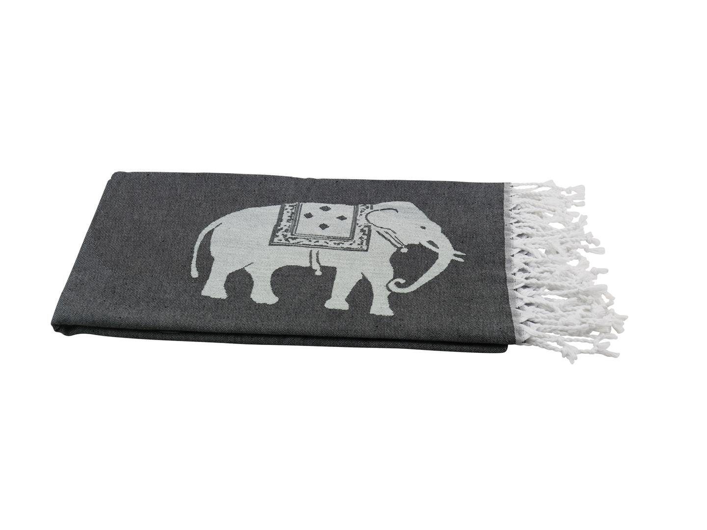 my Hamam Baumwolle, langlebig 100x180, Hamamtuch Elefanten, Hamamtücher & weiß Polyester multifunktional (1-St), blickdicht, schwarz