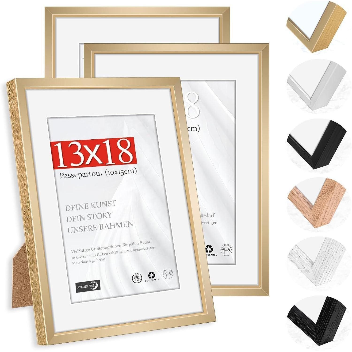 LuxusKollektion Bilderrahmen-Set Bilderrahmen Passepartout 10x15cm Alu Champagner Gold 13x18cm 3x, (3 St)