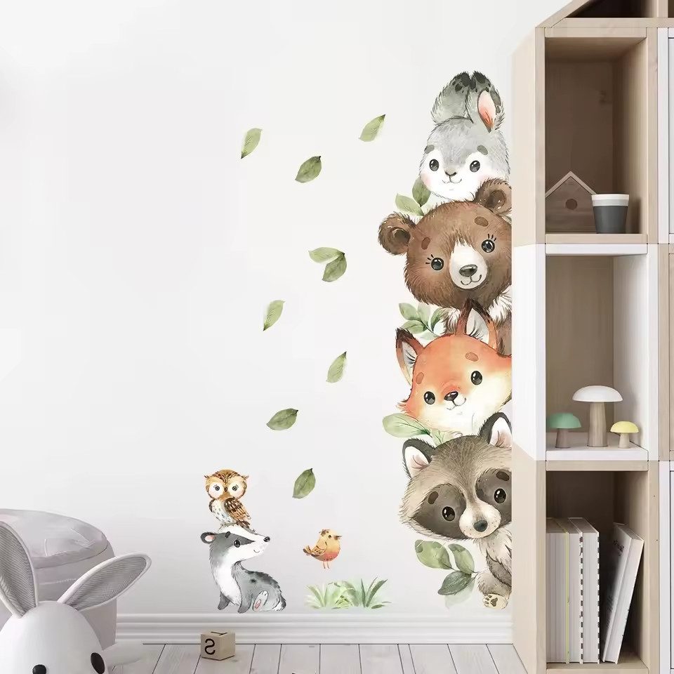 Montegoni Wandsticker Kinder Tier Wandaufkleber Dekoration (gestapelten sitzenden kleinen Bär,Fuchs,Blätter,Wandaufkleber, Wandtattoo mit Waldtieren für Kinderz – Bild 5 von 5