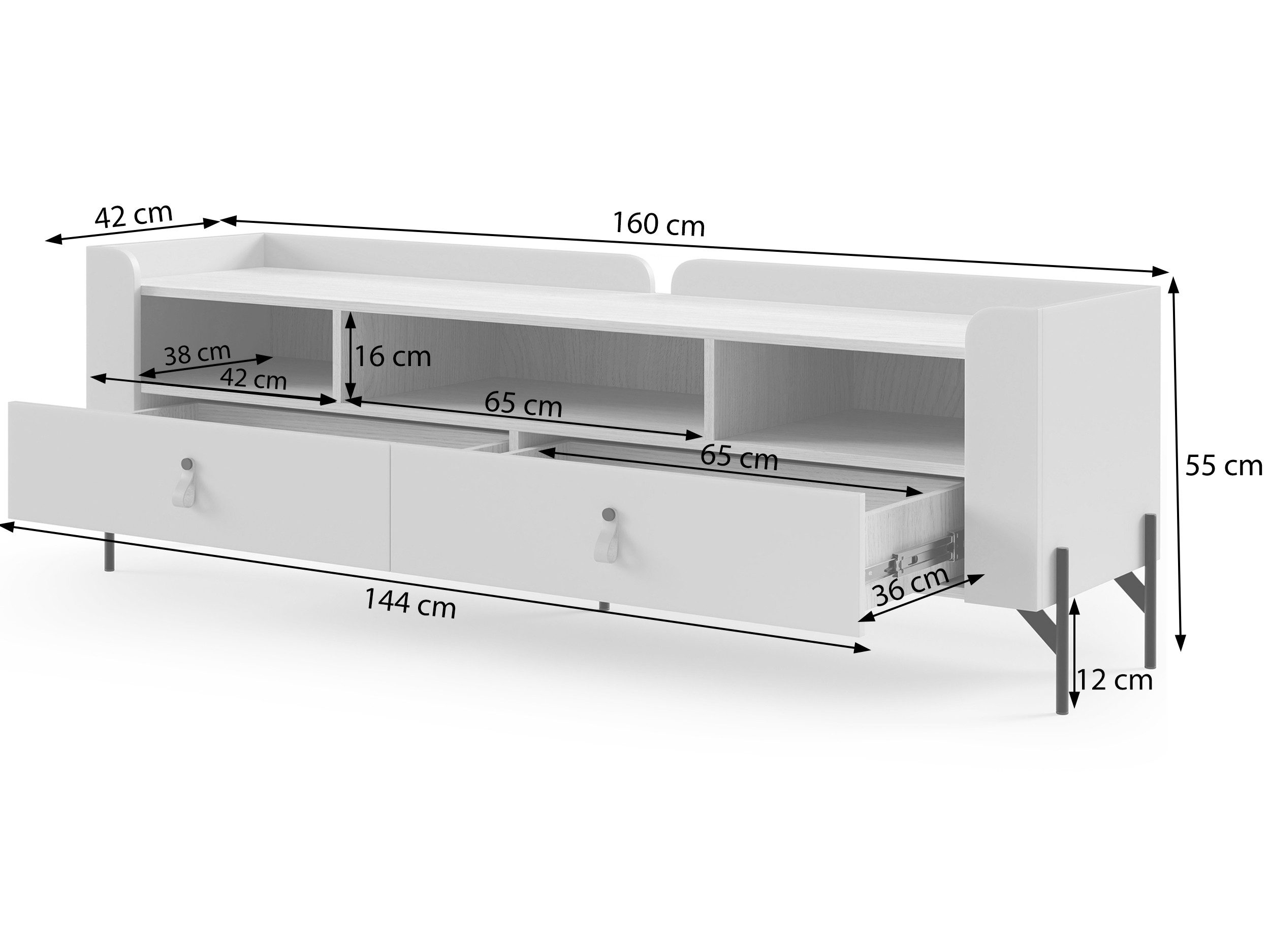 Beautysofa TV-Schrank SORELLA mit 2 Schubladen, 160 cm (modernes Lowboard mit 3 offenen Fächern, Metallfüßen und Designergriffen aus Leder) Porcini oder Macadamia mit Eiche Mavelie