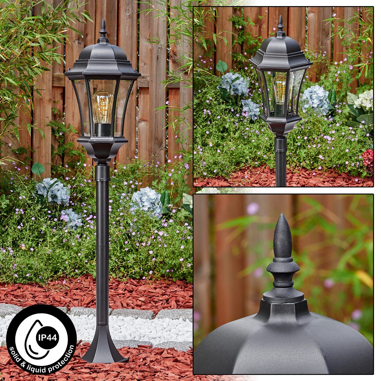 hofstein Pollerleuchte Wegeleuchte aus Metall/Glas in Schwarz/Klar, ohne Leuchtmittel, Wechselscheiben in Klar, antike Außenleuchte, Gartenlampe, IP44, 1xE27