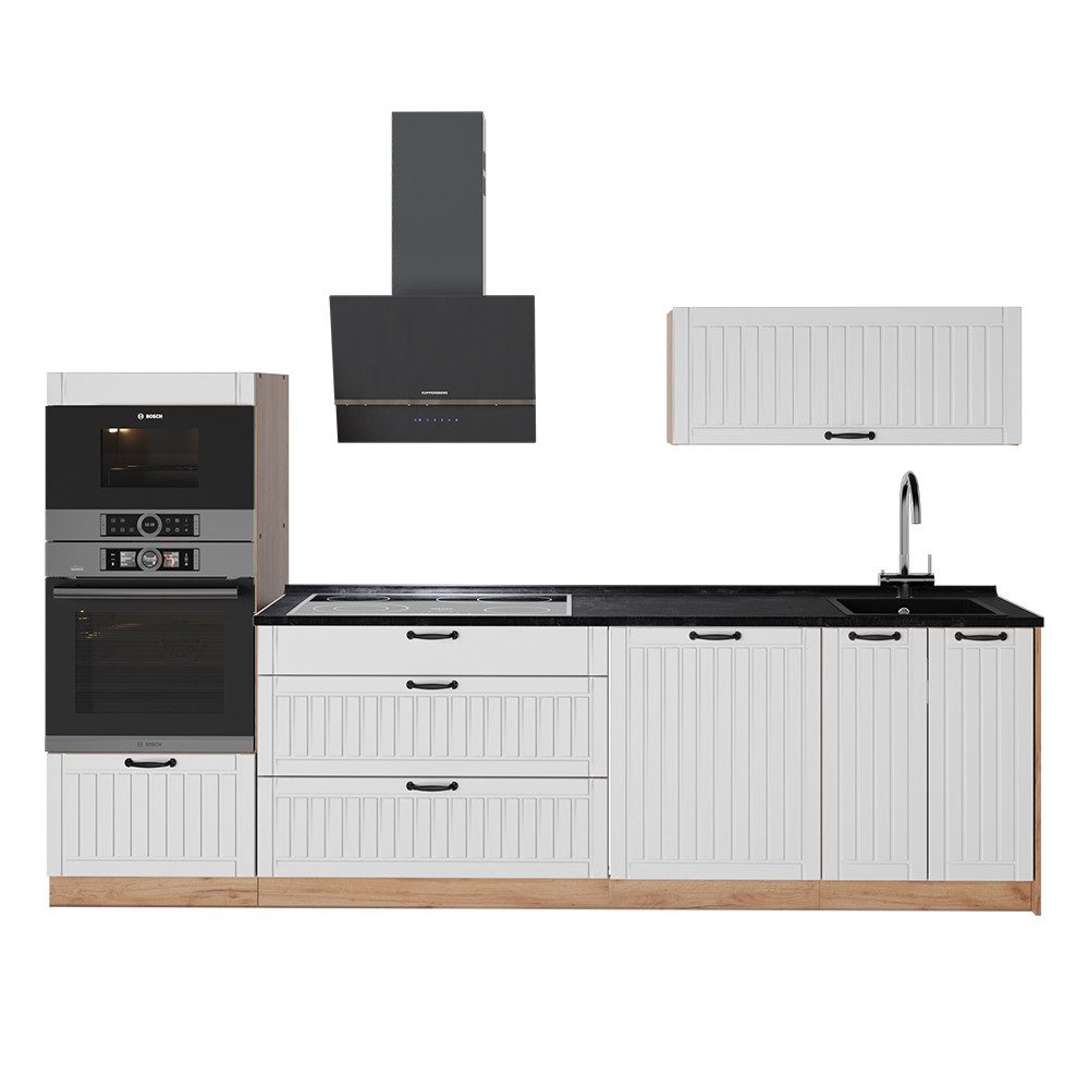 Vicco Küchenzeile Fame-Line, Weiß Landhaus/Goldkraft Eiche, 280 cm, AP Anthrazit