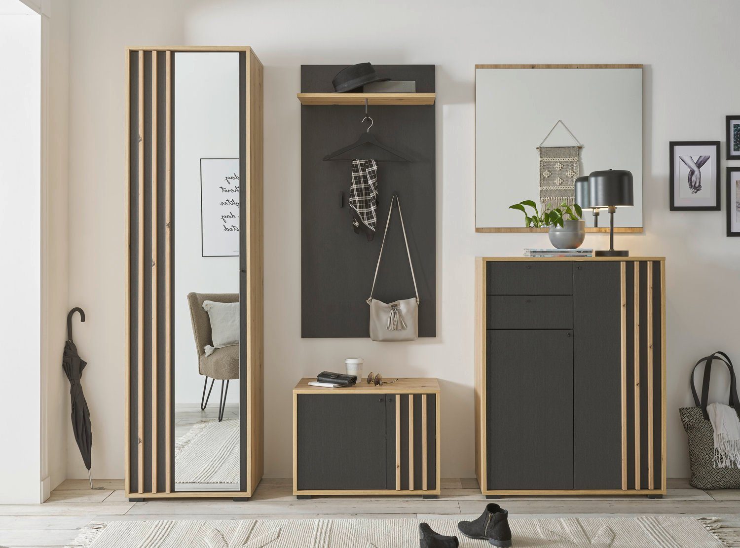 moebel-dich-auf Garderoben-Set VOLAM, (Komplett-Set, Garderobenschrank + Paneel + Bank + Spiegel + Schuhkommode), inkl. Spiegeltür