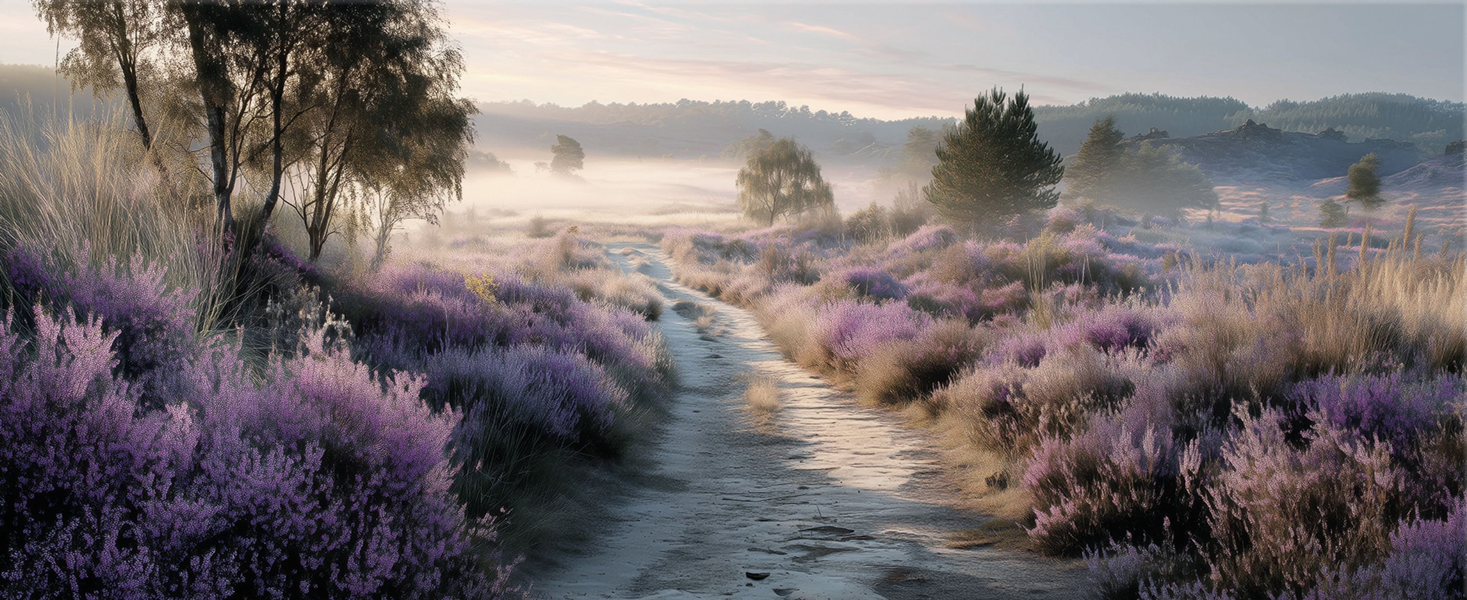 artissimo Glasbild XXL Bild aus Glas 125x50 cm / Panorama Wandbild groß / Wanddeko modern, Landschaft: Heidelandschaft im Morgenlicht in Lila und Beige
