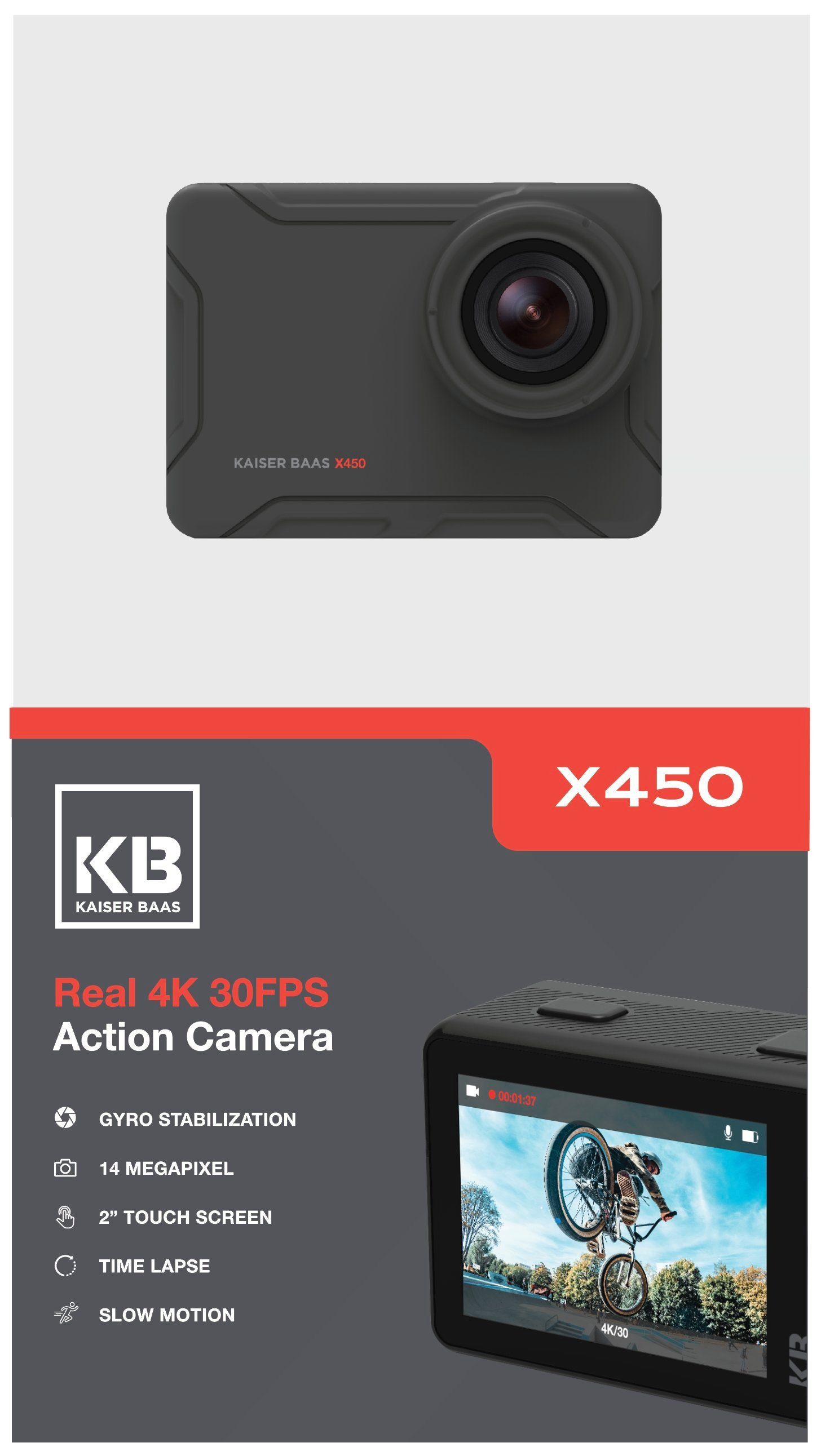 Kaiser Baas Real 30FPS baas Gyro Action Action-Cam wasserdicht, Ultra FPS, 40m X450 WLAN Real (Wi-Fi), kaiser HD, Sensor, (4K 30 Cam Touchscreen) 4K Sony 4K Stabilisierung,