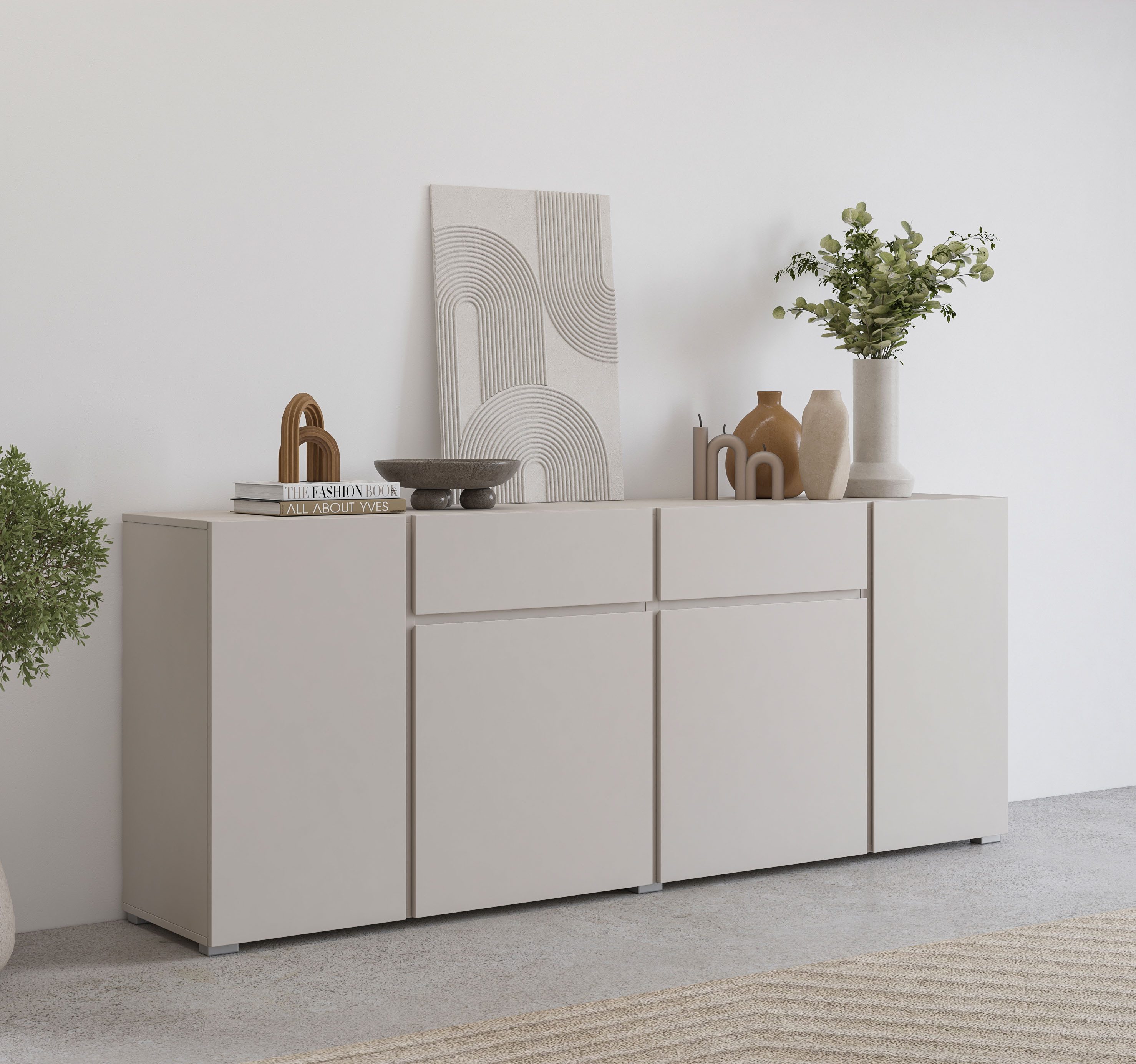 OTTO home Sideboard Asymetric,Breite 195 cm, grifflose Kommode 4 Türen/2 Schubkästen, Schubladenschrank mit viel Stauraum, Einlegeböden verstellbar