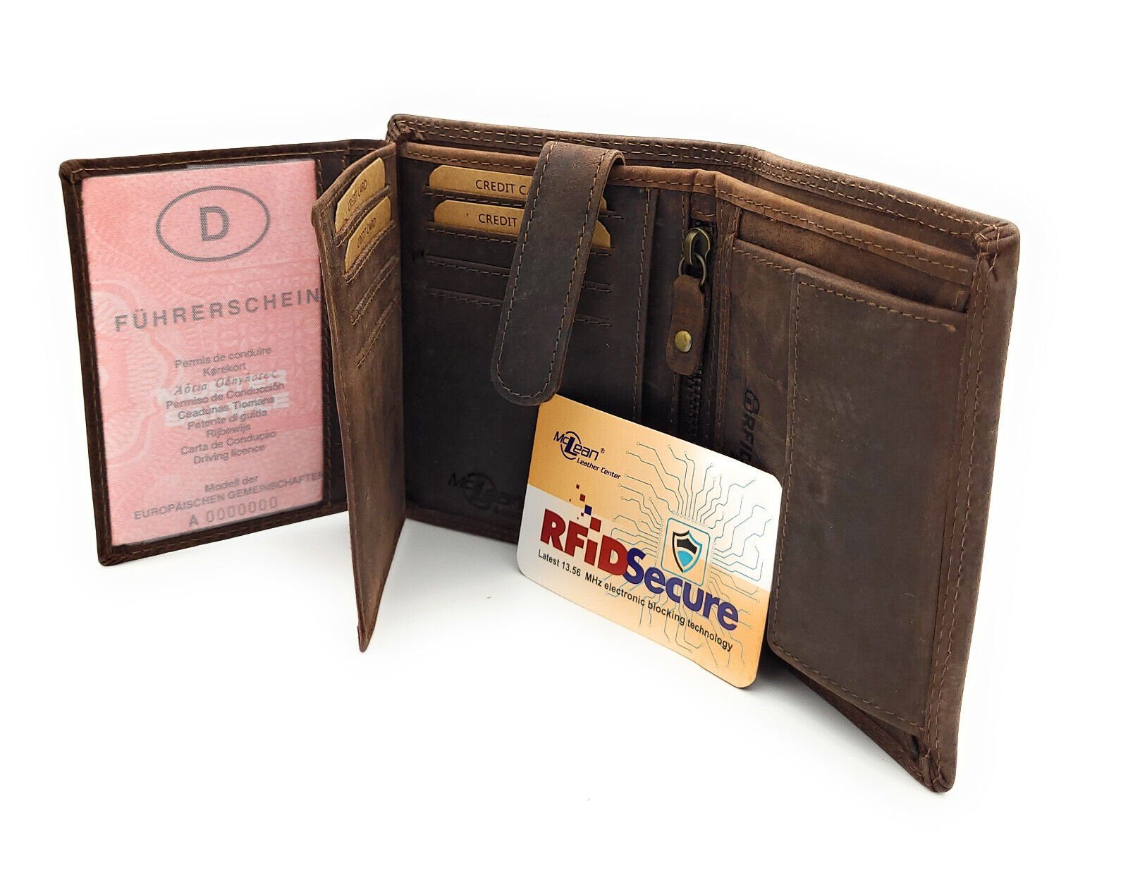 JOCKEY CLUB Geldbörse echt Leder Portemonnaie mit RFID Schutz "Hagen" braun, robustes Hunterleder, Top Ausstattung, Innenriegel