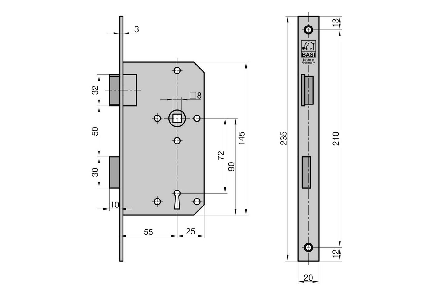 Thumbnail - BASI Einsteckschloss Zimmertürschloss mit BB-Lochung 72/8 mm, Dorn 55mm, Dornmaß 55 mm, Packung, 2-tlg., 2er SET DIN Lin...