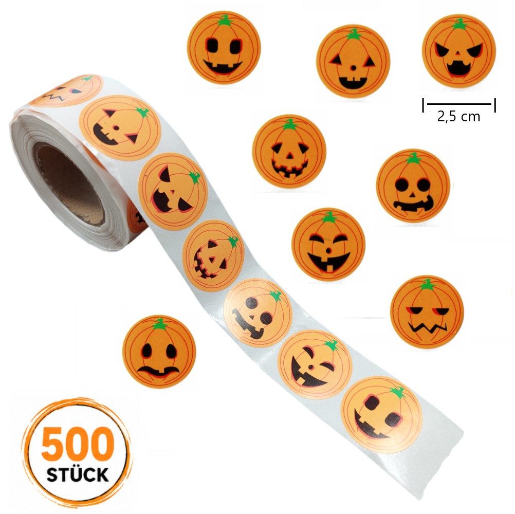 Ware aus aller Welt Sticker 500 Halloween Sticker Kürbis – 8 Motive, 2,5 cm, selbstklebend, (500-tlg)