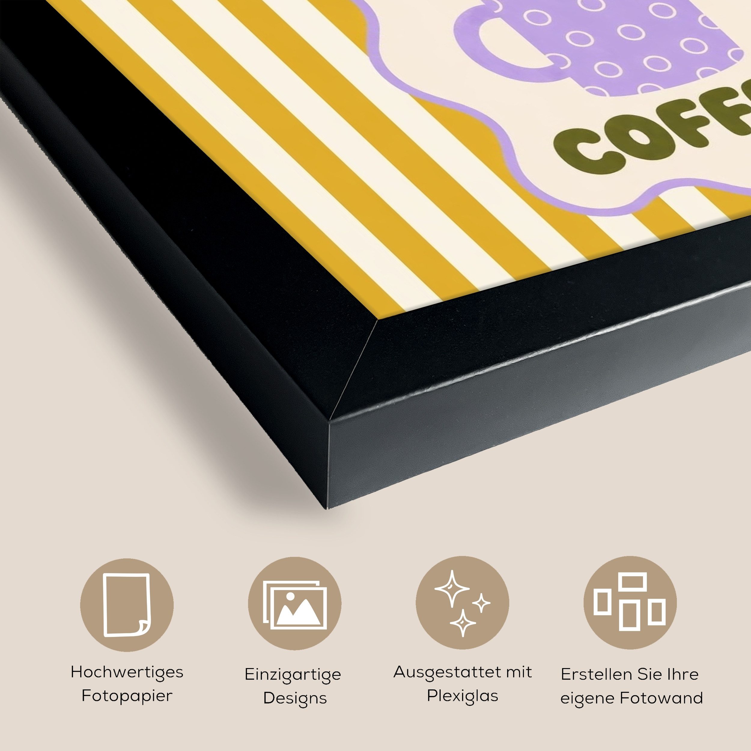 MuchoWow Poster Mehr Kaffee - Gelb - Lila - Streifen - Becher, (1 St), Wandbilder, Deko Wohnzimmer Schlafzimmer, 30x20 cm