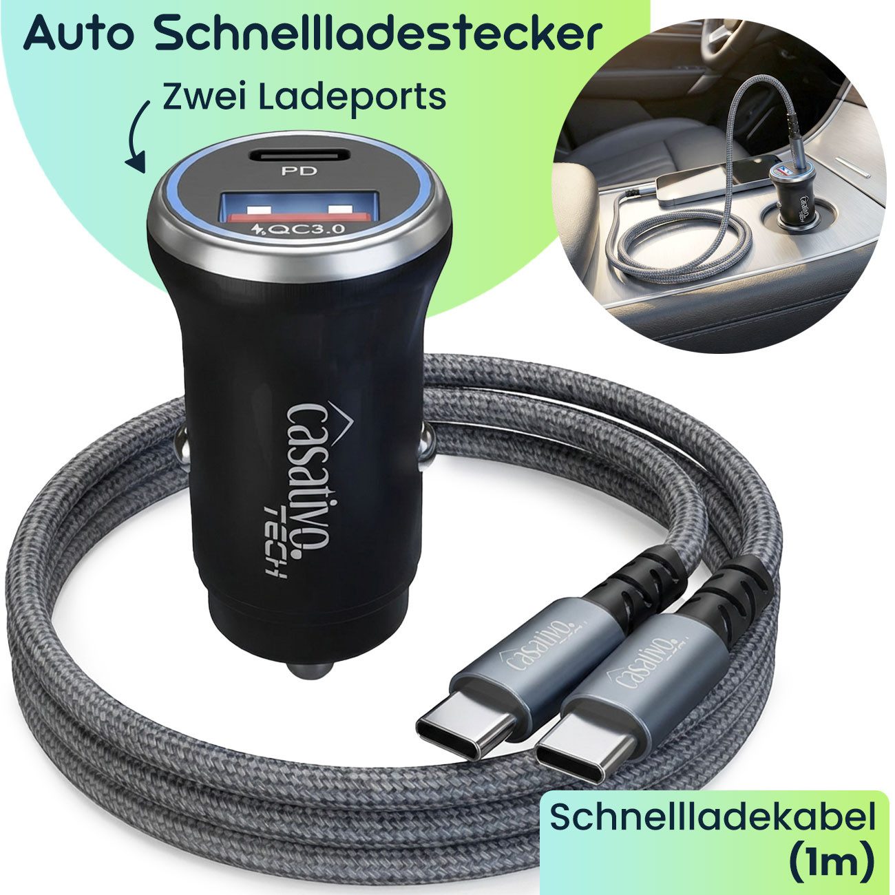Casativo 54W Kfz-USB-Netzteil 12V Schnellladestecker 2-fach USB-Splitter KFZ-Netzteil (12/24 V kompatibel, USB-C PD & USB-A QC, 1er-/2er-Set)