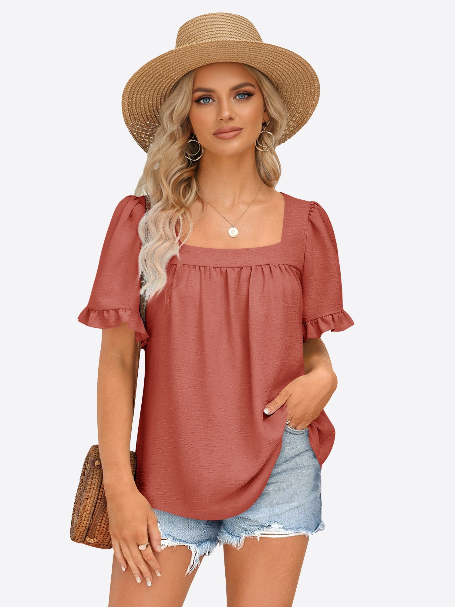 T-Shirt Damen Sommer Kurzarm Quadratausschnitt Puffärmeln Rüschen Casual