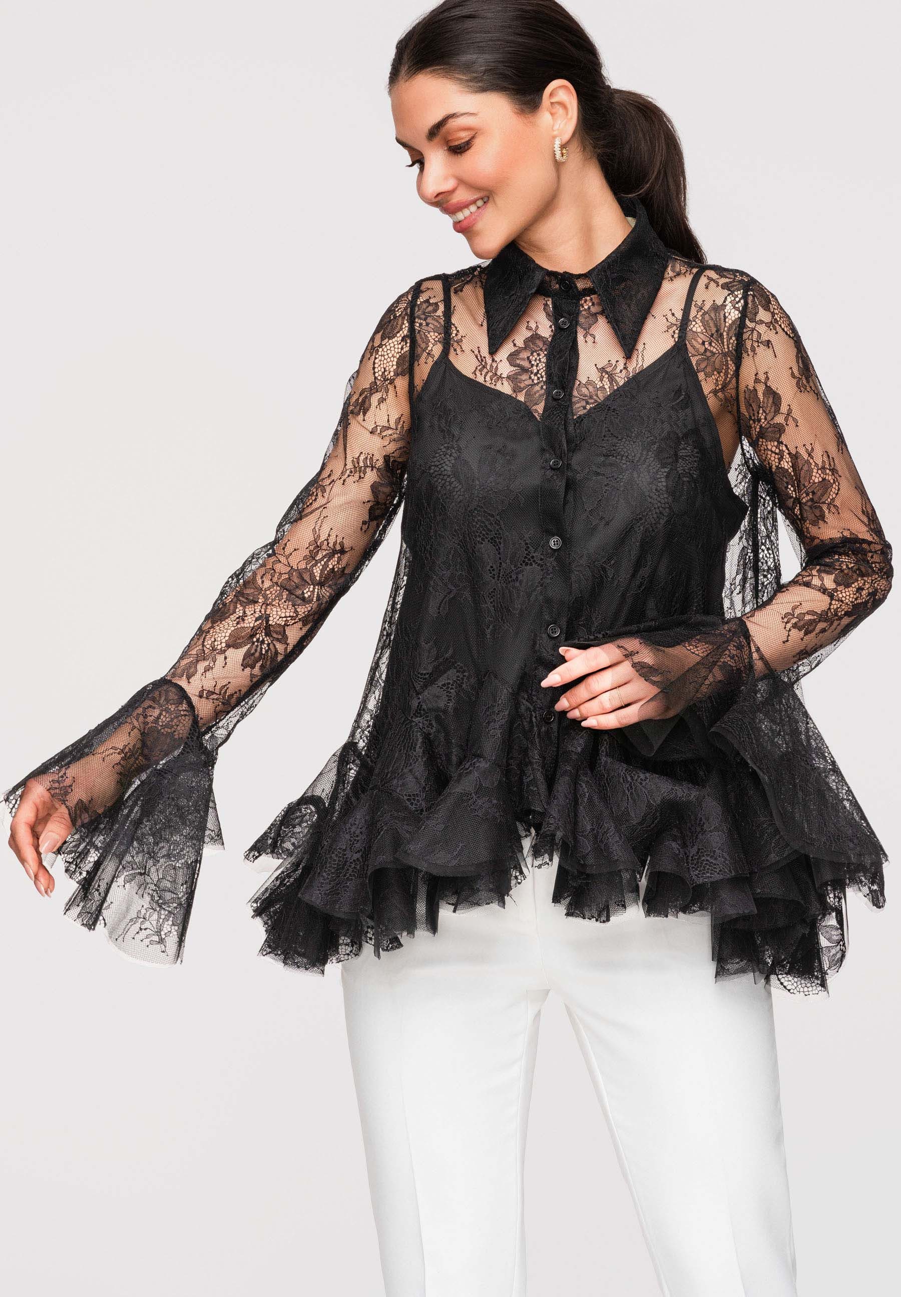 OMBRE Longbluse Damen Longbluse Spitze Asymmetrisch Modern Schwarz S/M (kein Set, 1-tlg) Transparente Spitze mit Blumenmuster, asymmetrischer Schnitt