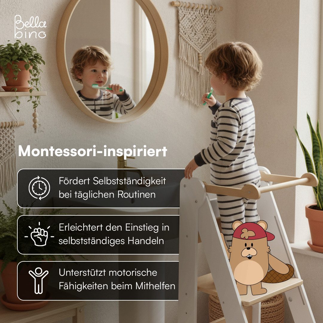 Bellabino Stehhilfe Tay 2-Fach höhenverstellbar & klappbar (Weiß/Natur), Lernturm aus Birkenholz, Montessori Tritthocker