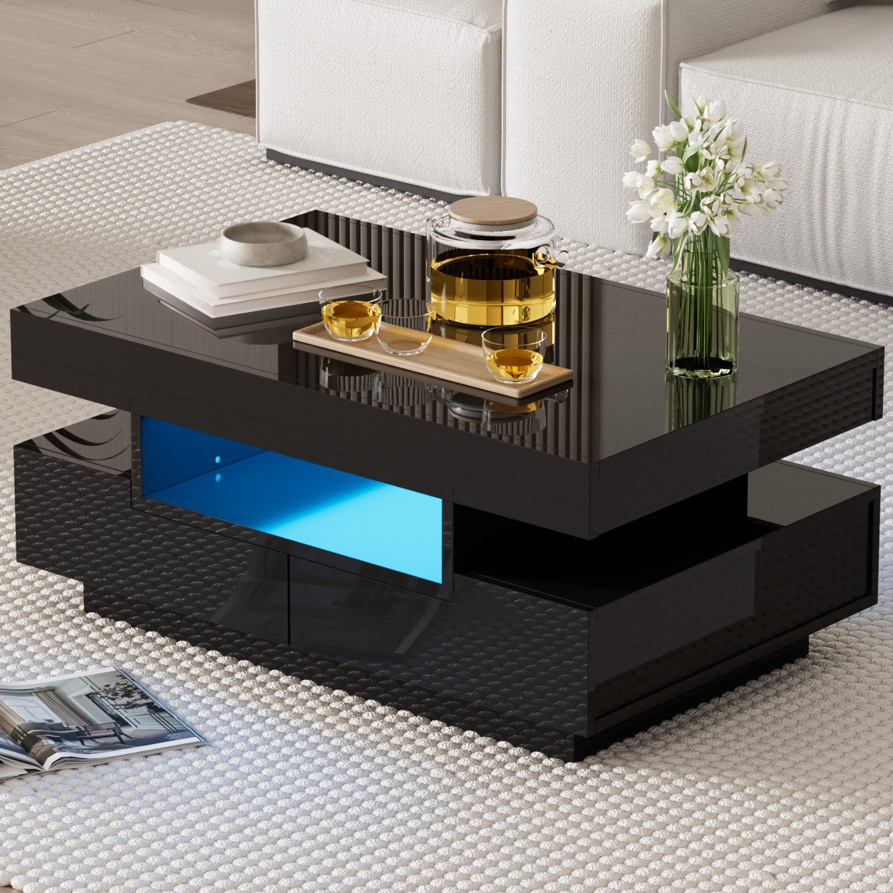 Furnishings Home Couchtisch Wohnzimmertisch Ablagetisch LED Beistelltisch (Hochglänzender quadratischer, mit LED Beleuchtung & Fernsteuerung), Mit Schubladen und 16-farbigen variablen LED-Leuchten