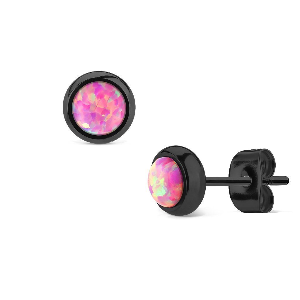 BUNGSA Ohrstecker-Set Ohrstecker mit 6mm Opal-Steinen aus Edelstahl für Damen - Schwarz-Pink (1 Paar (2 Stück), 2-tlg), Ohrschmuck Ohrringe