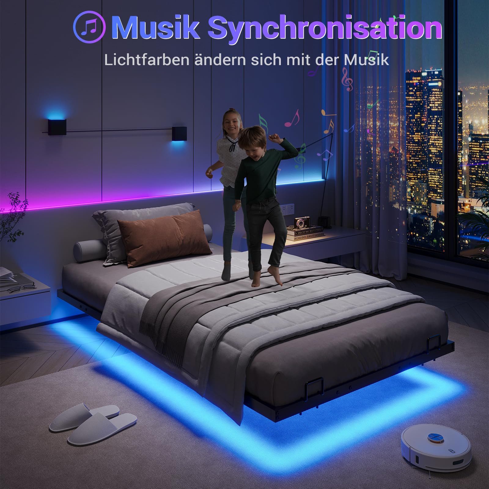 MSMASK Metallbett Schwebebett Bettgestell mit LED-Beleuchtung (Ohne Matratze), 90x200cm