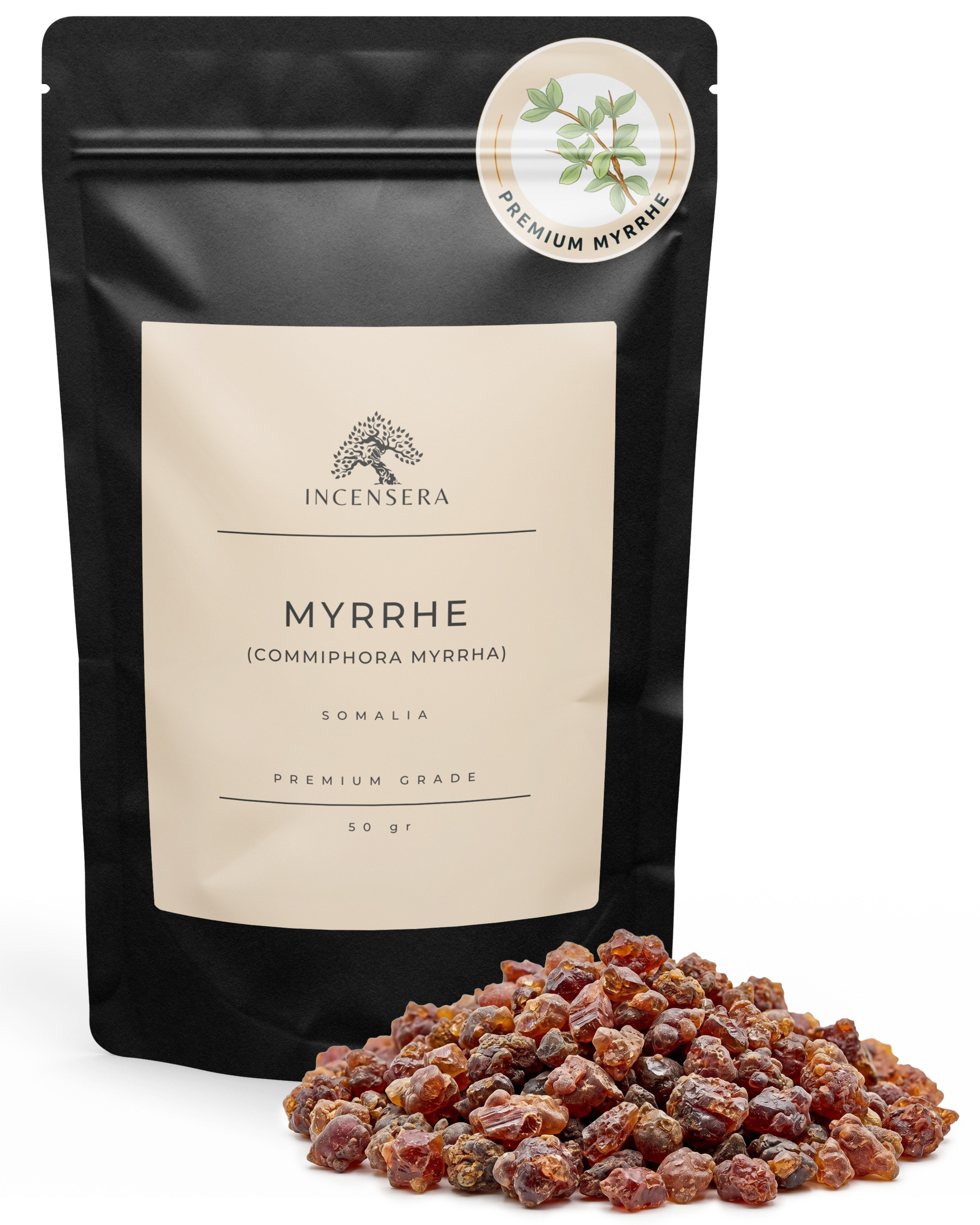 Incensera Räucherschale Myrrhe Harz zum Räuchern, Räucherharz Räucherwerk Baumharz Myrrh Resin, naturbelassen, ohne Zusätze, handverlesen, wiederverschließbar