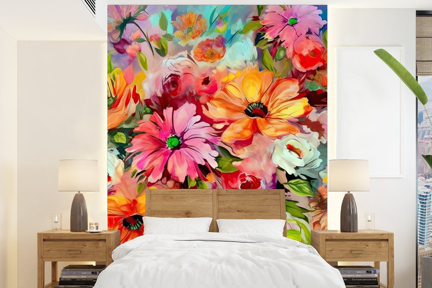 Wohnzimmer, - Fototapete Farbenfroh Matt, Blumen Vinyl bedruckt, Ölgemälde, Wandtapete - Tapete MuchoWow St), Kunst (4 für Montagefertig -