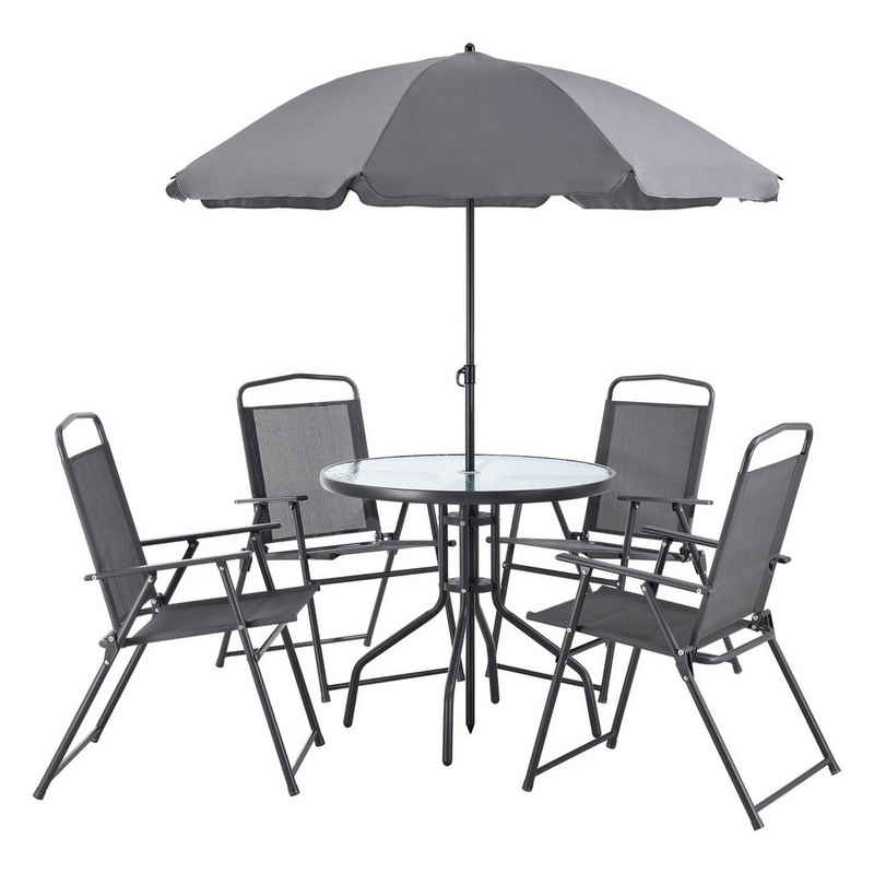 en.casa Gartenlounge-Set, (6-tlg), »Milagro« Sitzgruppe Tisch mit 4 Stühlen und Sonnenschirm Lounge Garnitur dunkelgrau