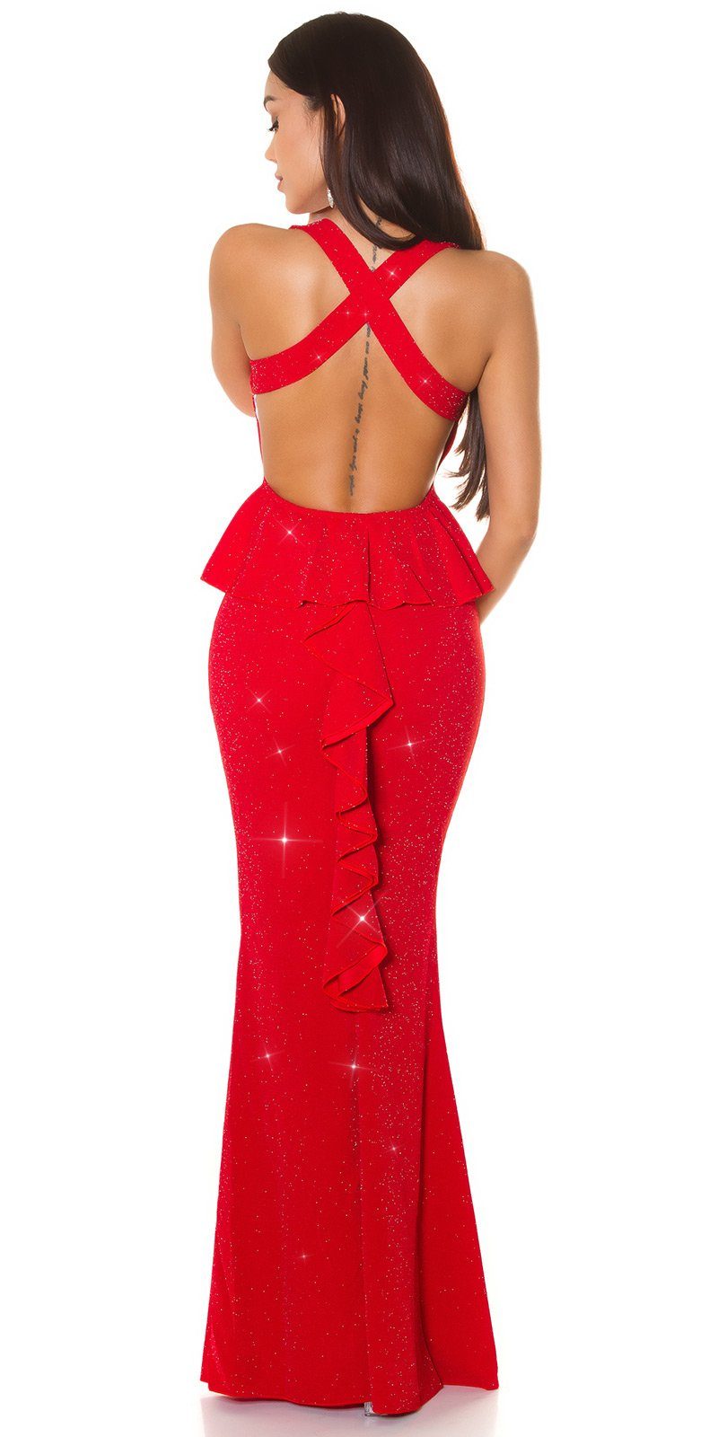 Koucla Abendkleid glitzerndes Maxikleid offenem und mit Rücken rotsilber Schößchen Partykleid