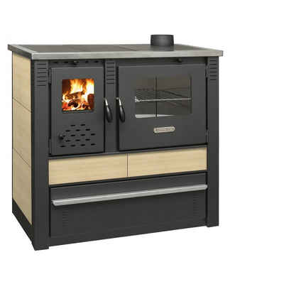 ProTermo Werkstattofen Küchenherd Holzofen Kacheln creme 10,5kW rechte Version, 10.5 kW, Dauerbrand, (1 Stück), Holzofen mit Backfach und Herdplatte