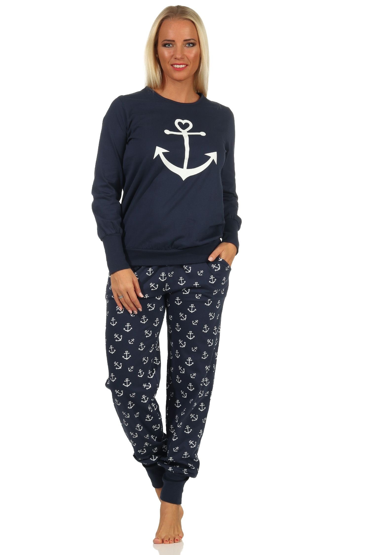 Normann Pyjama Damen Schlafanzug mit Bündchen in maritimer Optik mit Anker als Motiv marine