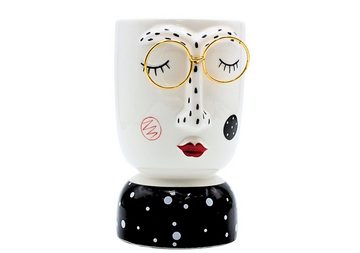 Dekohelden24 Dekovase Keramik Vase mit Gesicht und goldener Brille, Blumenvase, schwarz-weiß (1 Vase, 1 St)