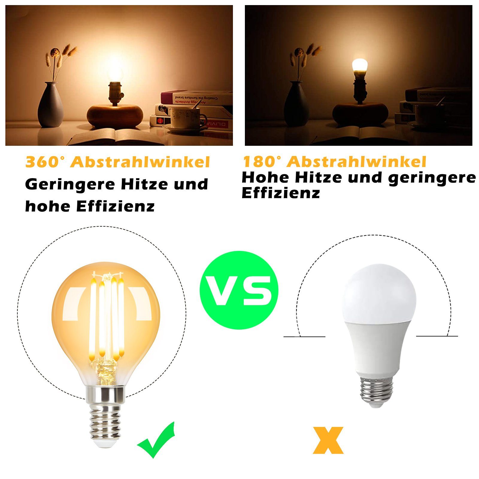 Retro - ZMH 6 Energiesparlampe E14//E27, warmweiß, Glühbirne LED Vintage Edison Filament E14, Glas 2700K St., LED-Leuchtmittel Birne G45