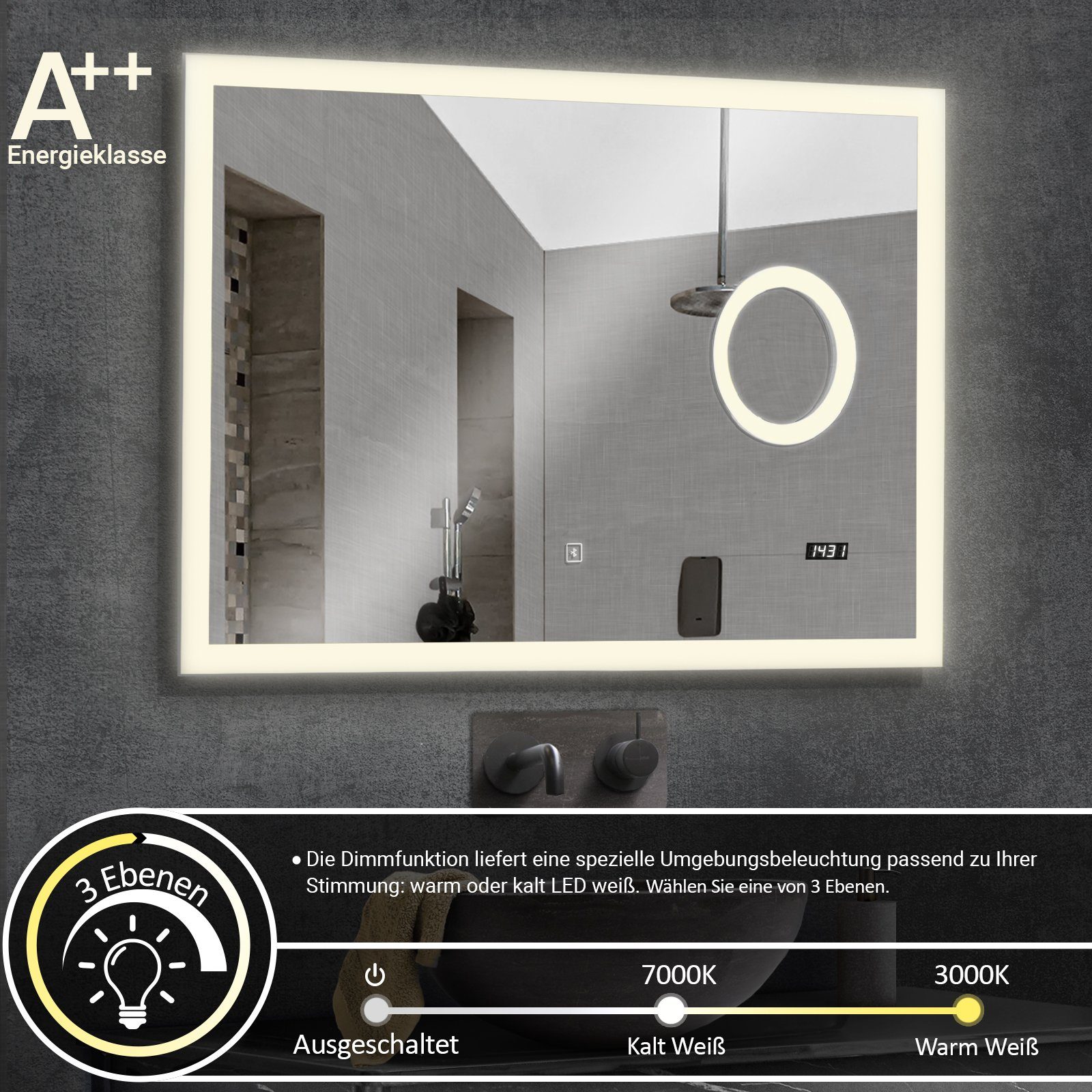 Aquamarin Badezimmerspiegelschrank Badspiegel mit - Touchschalter, Kosmetikspiegel, Uhr, Sprecher Badezimmerspiegel - Digitaluhr LED