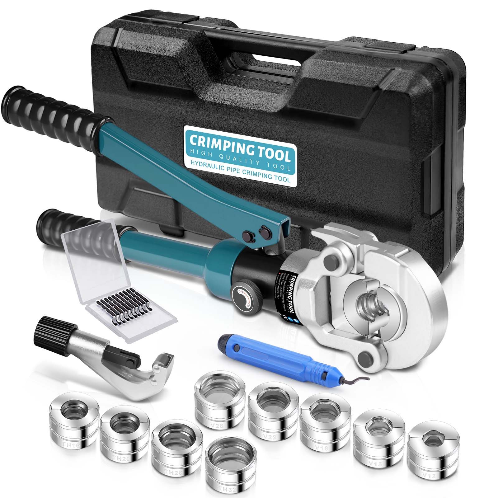 XERSEK Rohrzange Hydraulische Presszange V-Kontur TH-Kontur Rohrpresszange Crimpzange, Handpresszange Presswerkzeug V12 V15 V18 V22 V28, & TH16 TH20 TH26 TH32 Backeneinsätze mit, Rohrabschneider für Kupferrohr Und Verbundrohr