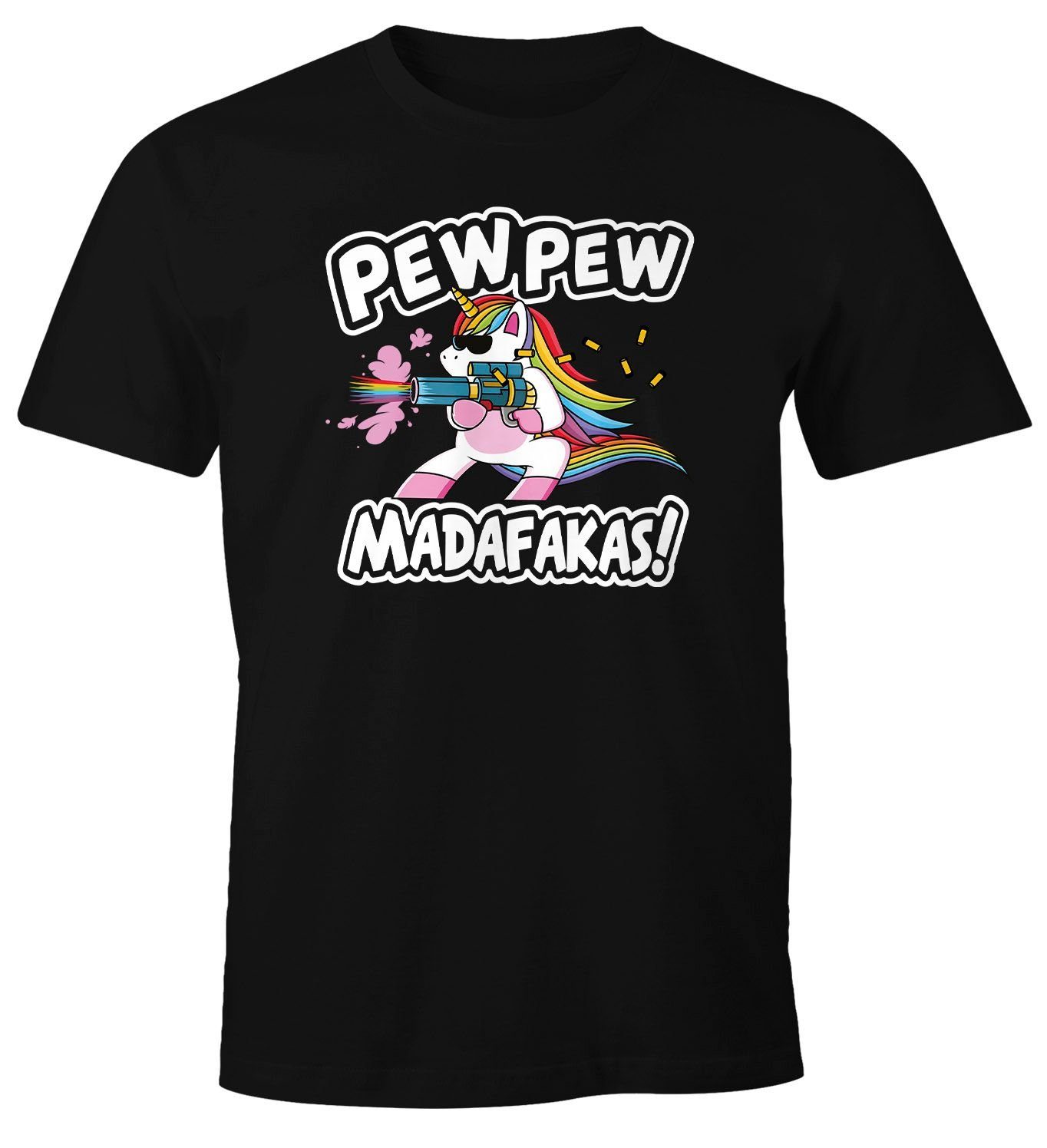 Pew Moonworks® Fun-Shirt Herren schwarz Madafakas böses T-Shirt Pew Einhorn Unicorn Spruch lustig mit Print Regenbogen Print-Shirt MoonWorks