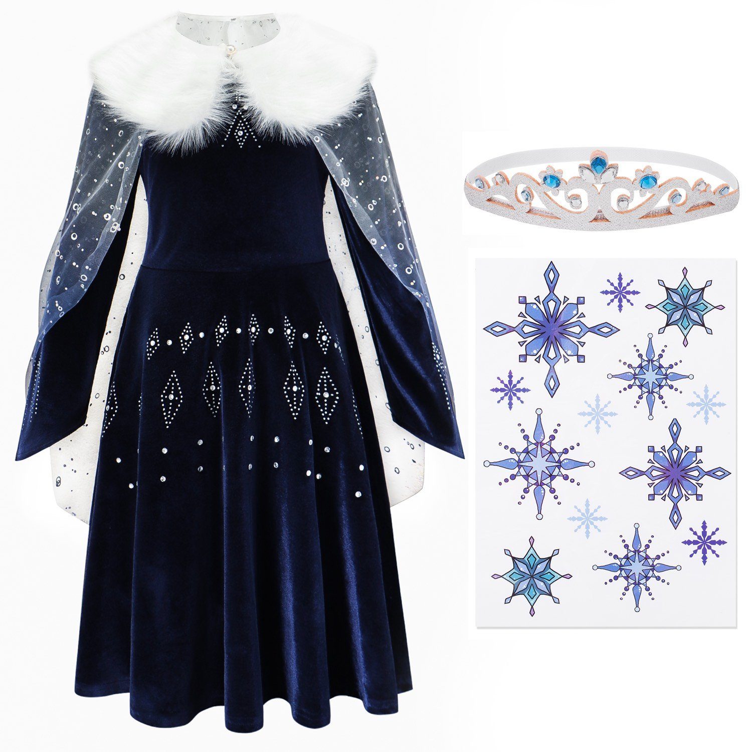 Corimori Princess Costume Elastic Frozen Dress, with Tattoos & Tiara, Elsa, Frozen, Princess Dress, Carnival, Dark Blue, Size 140/146