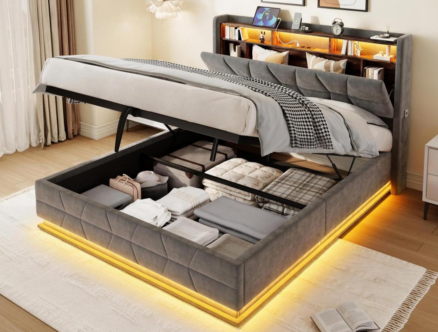 LVHOM Boxbett 140/160x200, 140x190cm, LED-Licht, multifunktionales Kopfteil, USB/-C (Samtstoff, hydraulisches Stausystem, offenes Kopfteil, Seitentaschen für die Fernbedienung, USB-/Typ-C-Ladeanschlüsse, Metallrahmen mit Holzlattenrost, 300 kg Belastbarkeit), Staubschutzhülle, geeignet für verschiedene Schlafzimmer