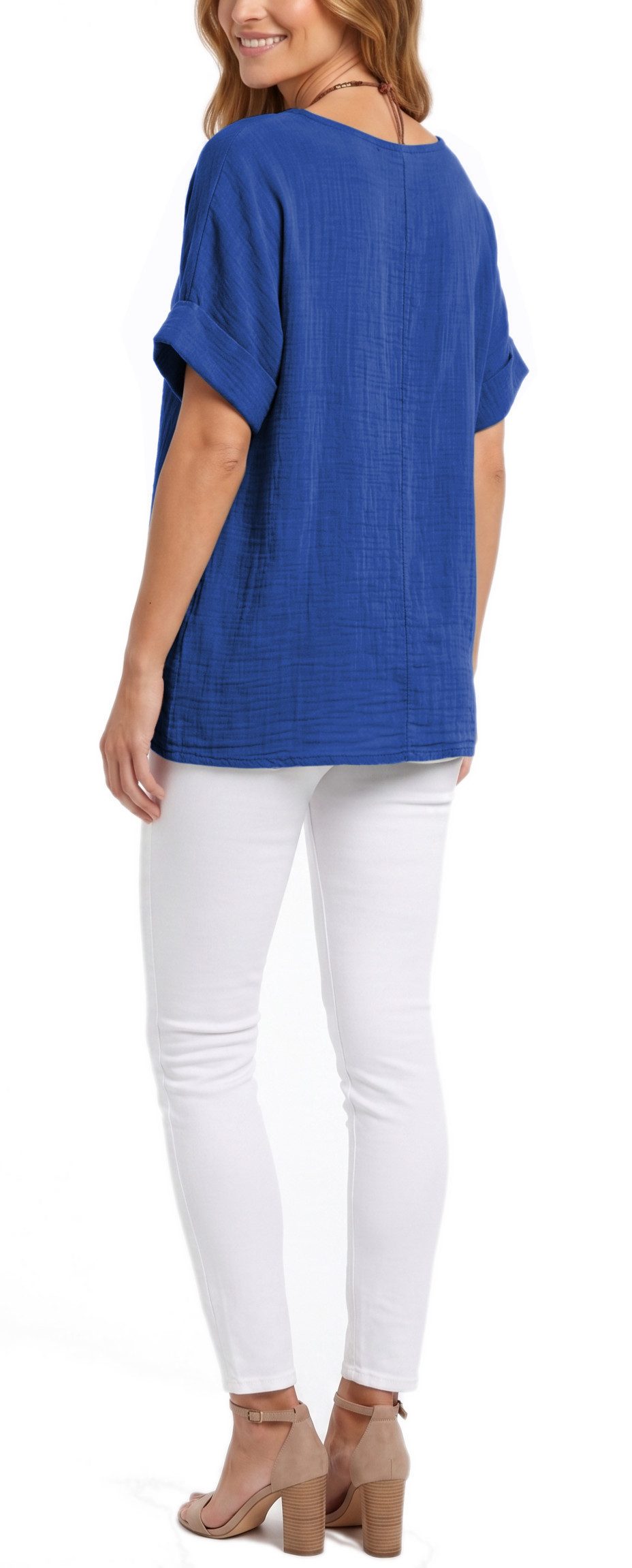 dy_mode Kurzarmbluse Damen Kurzarm Bluse Leichte Sommer Tunika Baumwollbluse Oberteil in Unifarbe, mit passende Kette – Bild 3 von 5