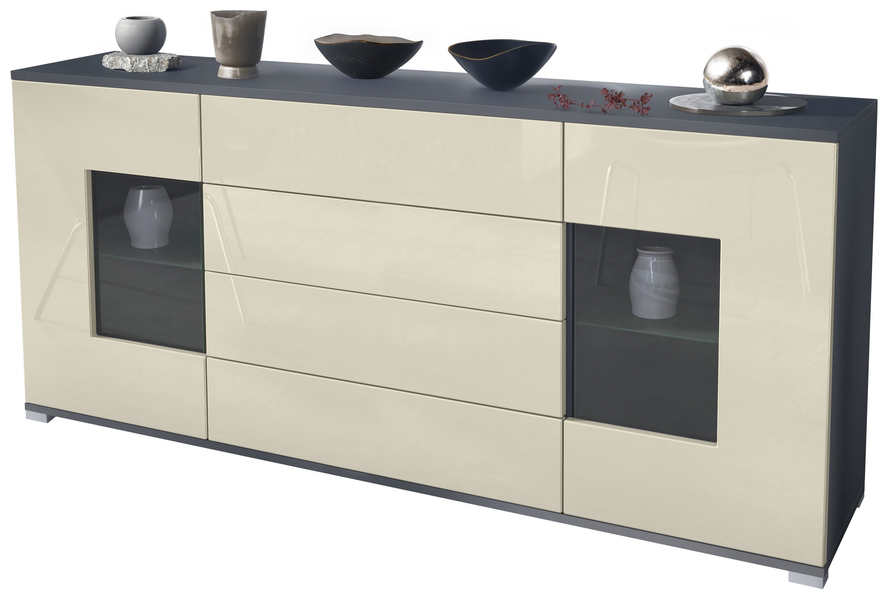 Vladon Sideboard Grömitz V2 (Kommode mit 2 Türen, 4 Schubladen und 2 flexible Glaseinlegeböden), Anthrazit matt/Creme Hochglanz (166,5 x 75,5 x 35)