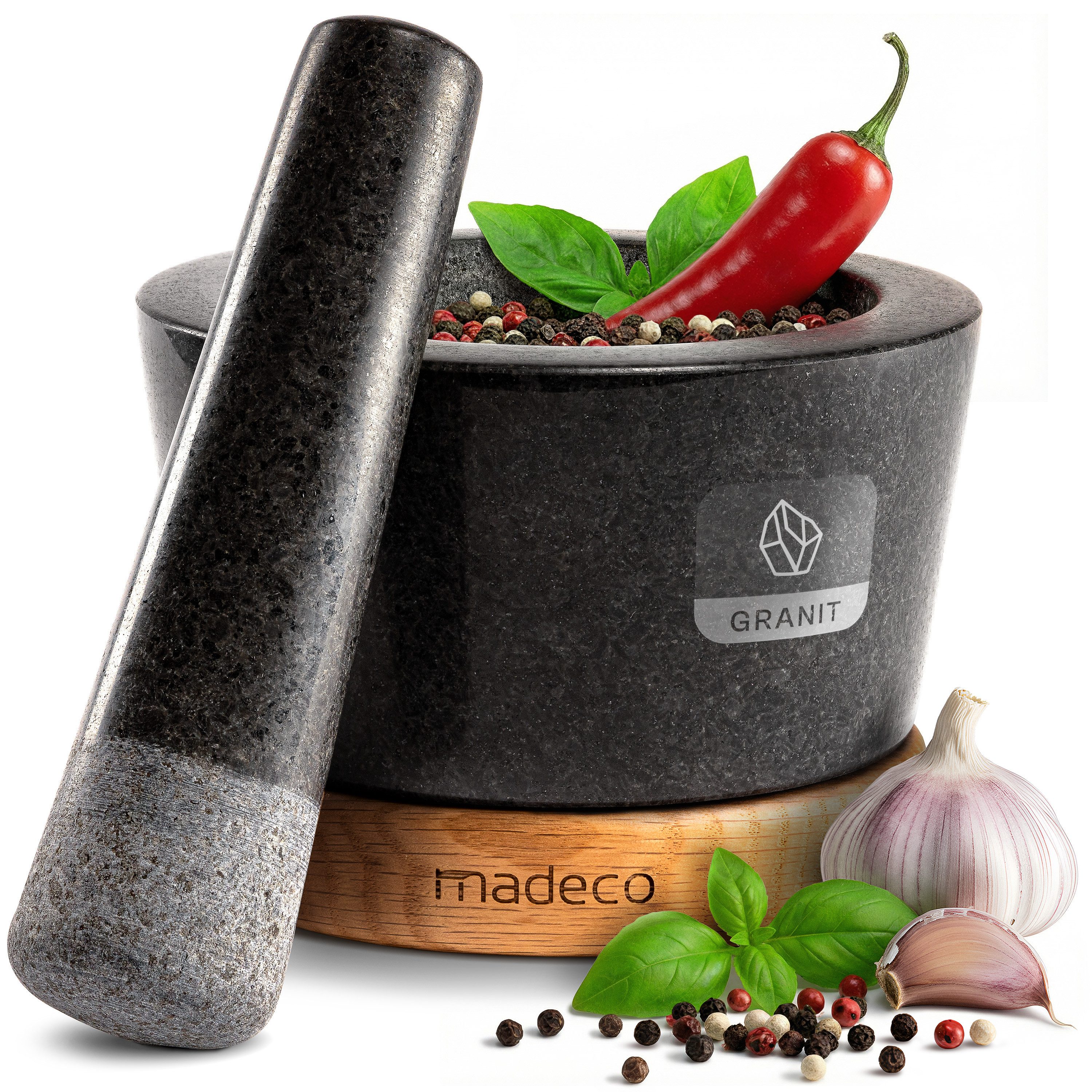 madeco Mörser Granit Mörser mit Stößel auf Holzsockel - für Gewürze & Kräuter, (Set, 2-tlg), Ø 14,5 x 10 cm, 450 ml Füllvolumen