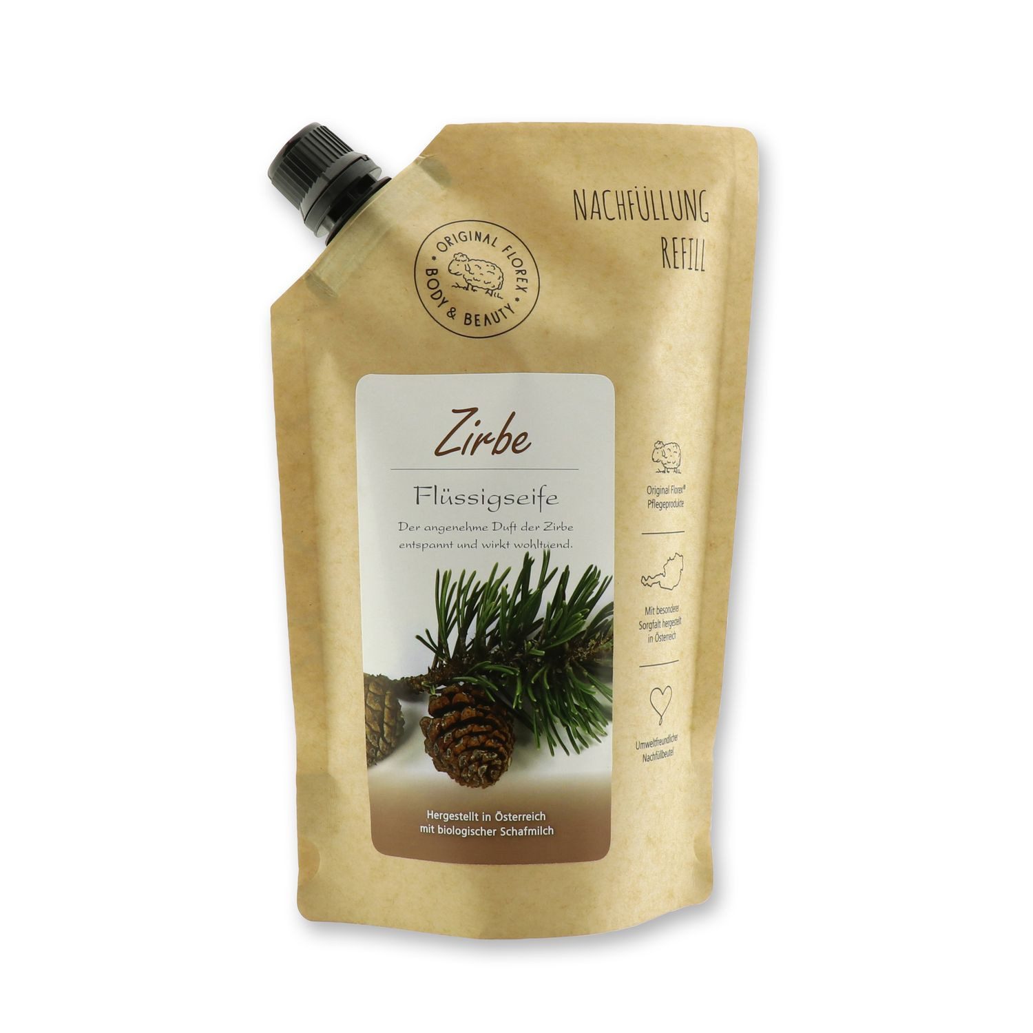 Gerlinde Hofer _ Florex GmbH Flüssigseife Zirbe, Refill-Beutel mit Bio Schafmilch 500 ml