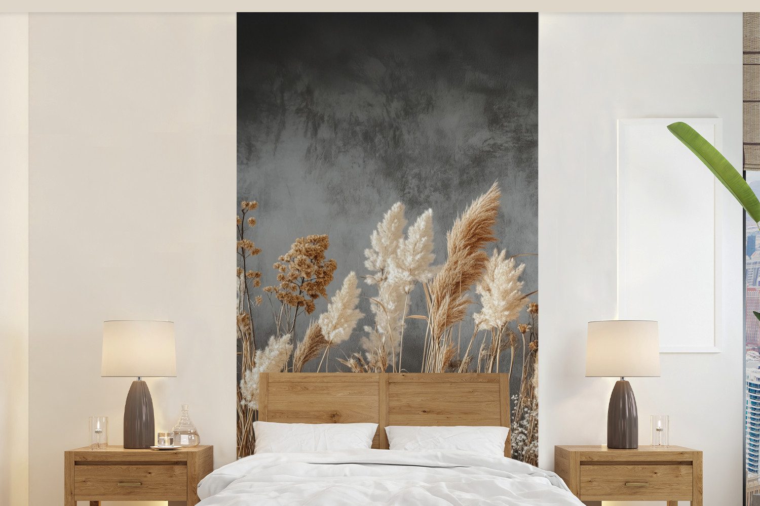 MuchoWow Fototapete Getrocknete Feldblumen - Grau - Beton, Matt, bedruckt, Vliestapete für Wohnzimmer Schlafzimmer Küche, Fototapete, 120x240 cm